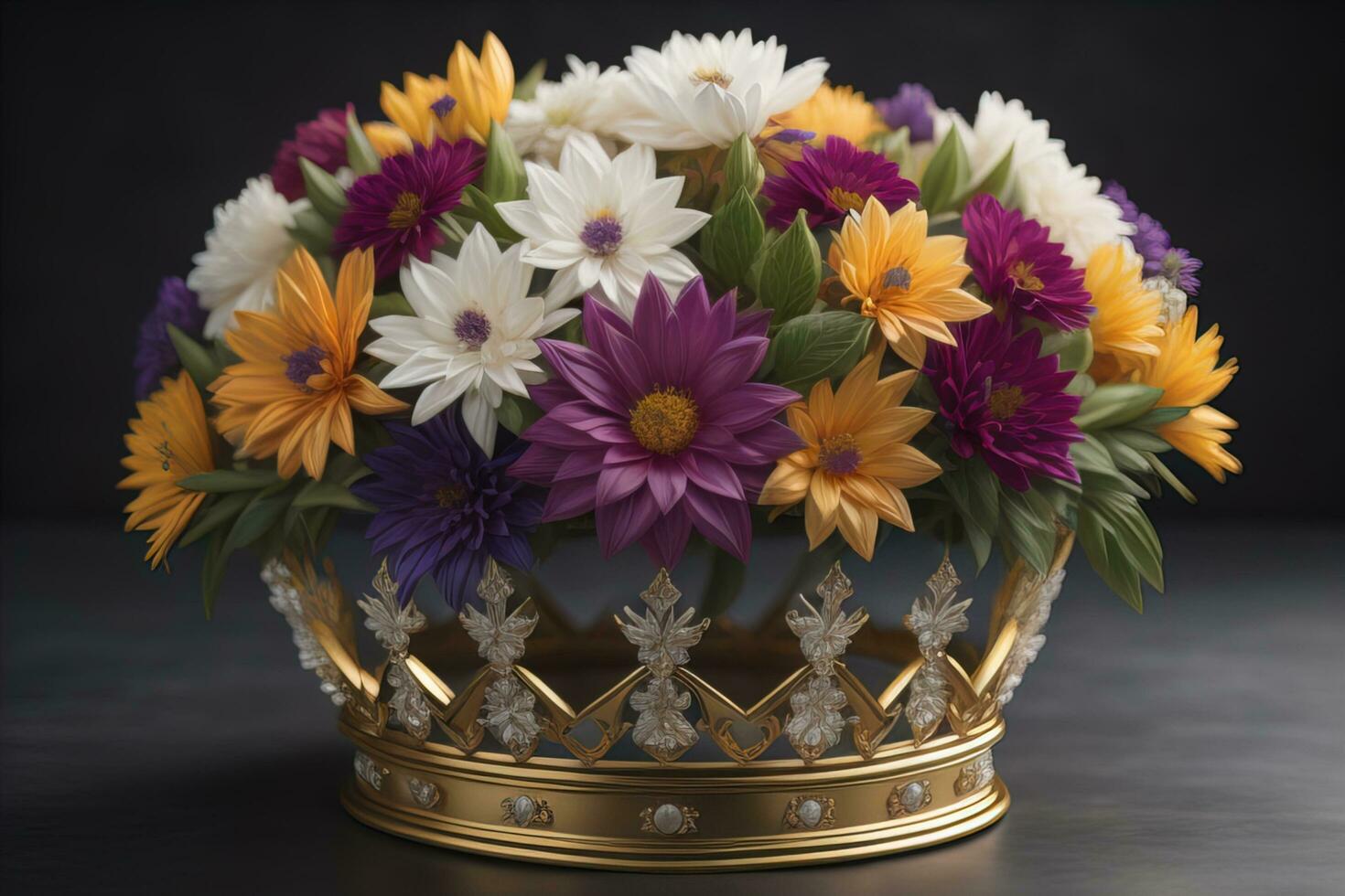 low key image of beautiful golden queen, king crown. ai generative photo
