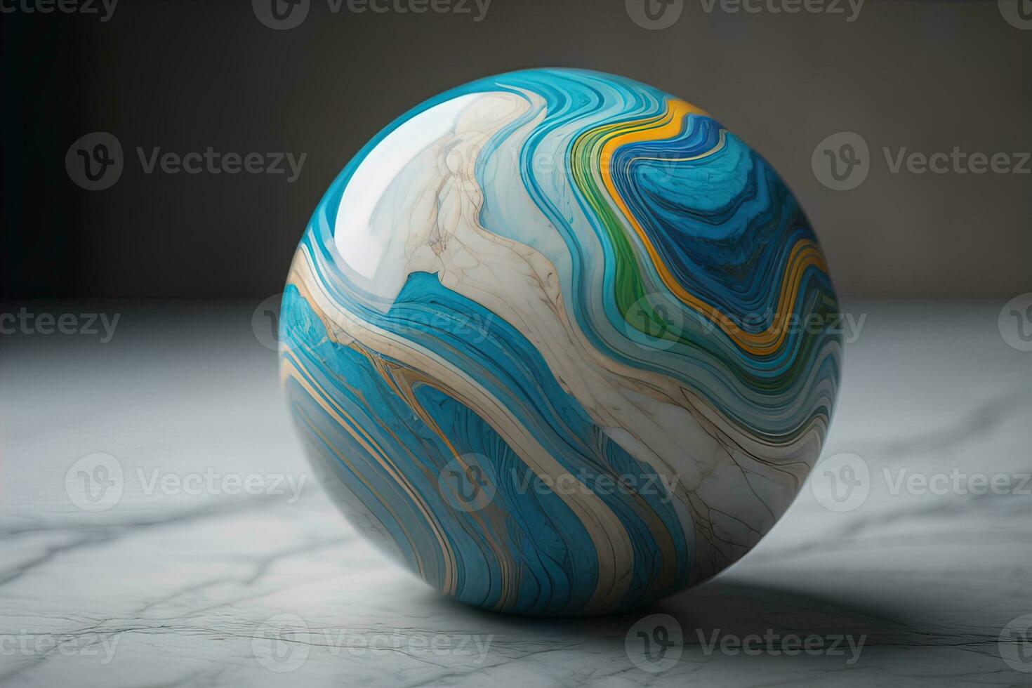 Colorful marble ball on a solid colour background. Close-up. ai generative photo