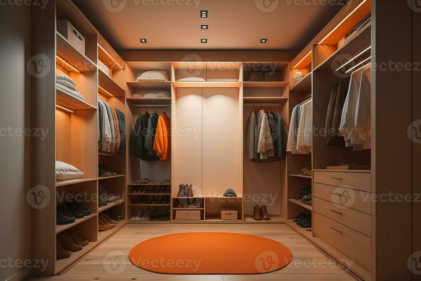 Wardrobe with clothes in the room. Toned image. ai generative photo