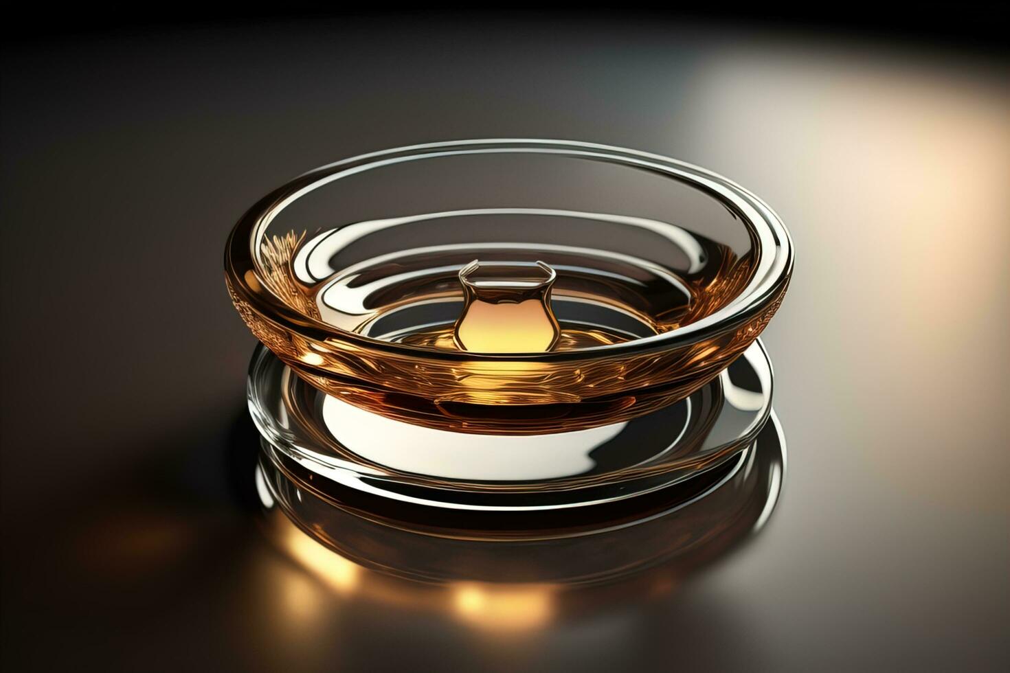 Empty glossy transparent ashtray on a dark background. ai generative photo