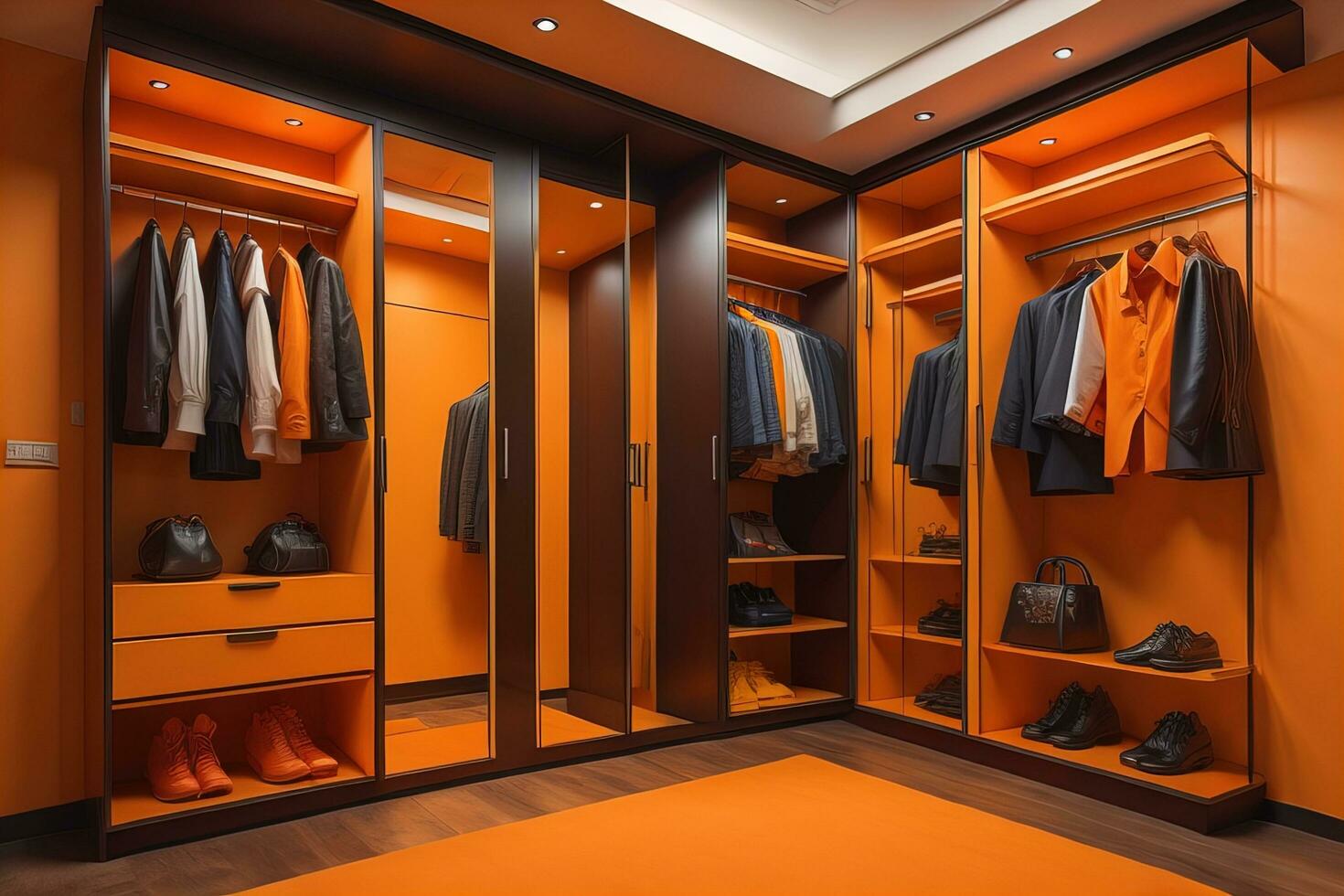 Wardrobe with clothes in the room. Toned image. ai generative photo