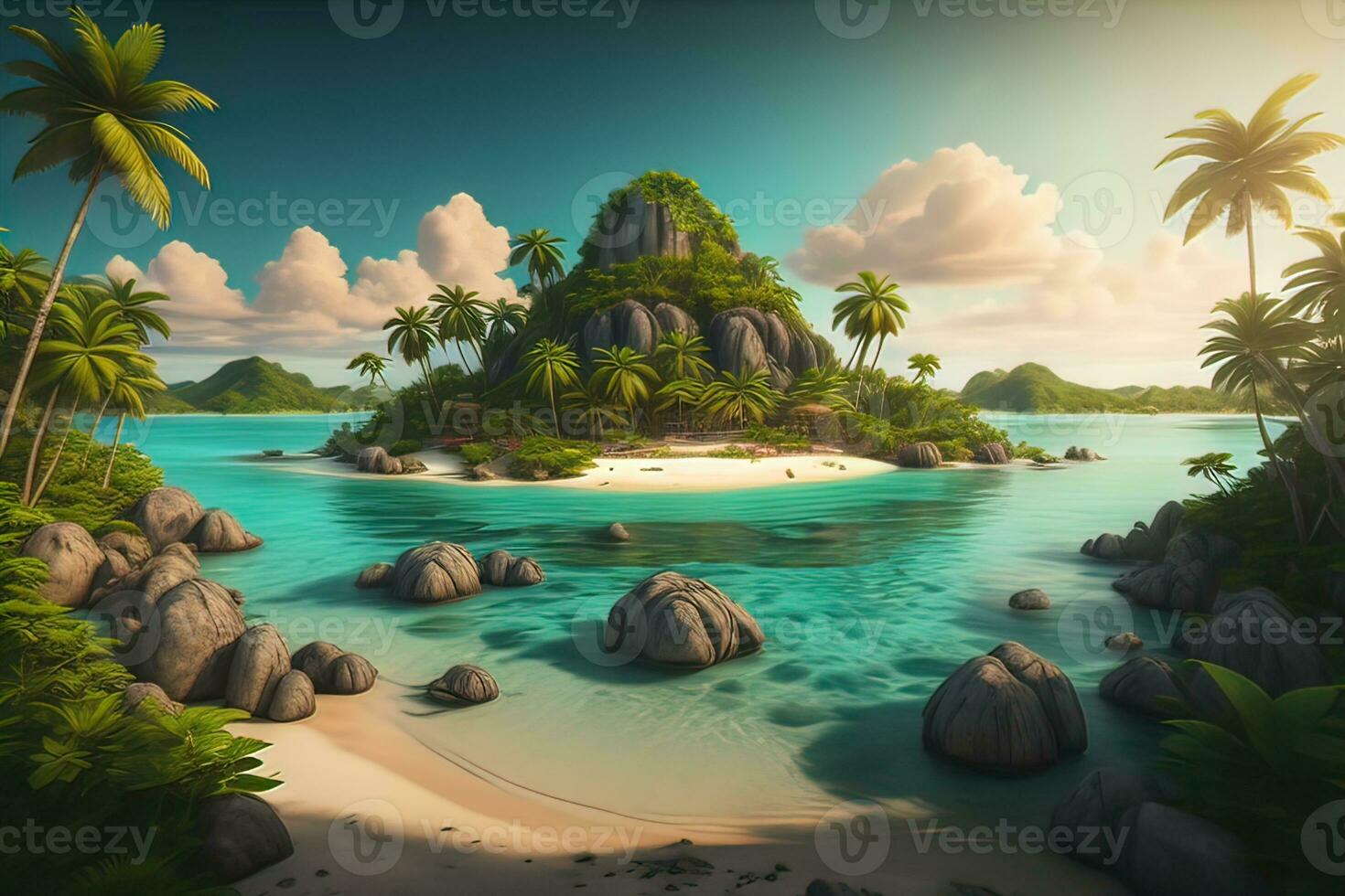 Tropical beach with palm trees and white sand. ai generative photo