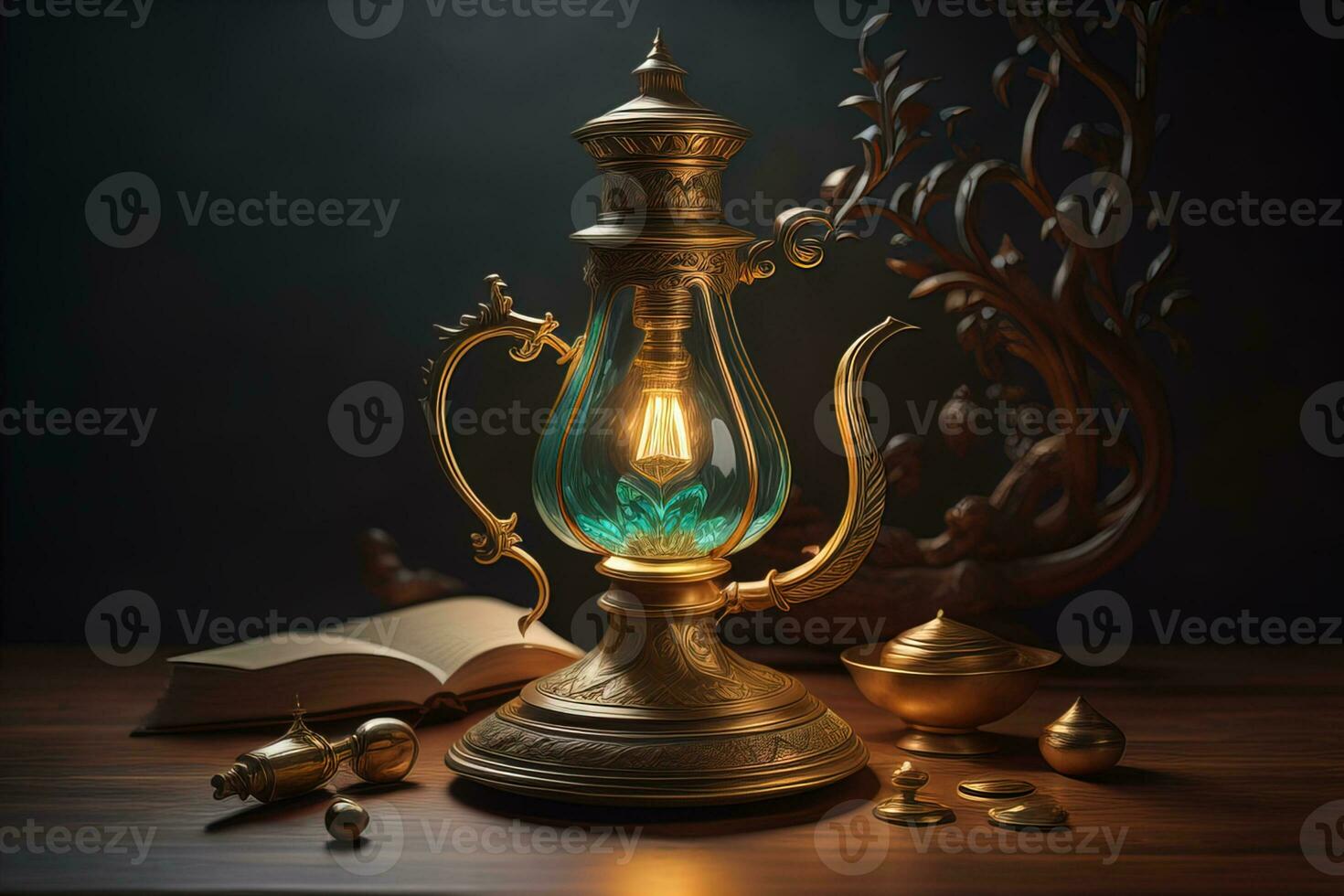 Lantern on a wooden table and a dark background. ai generative photo
