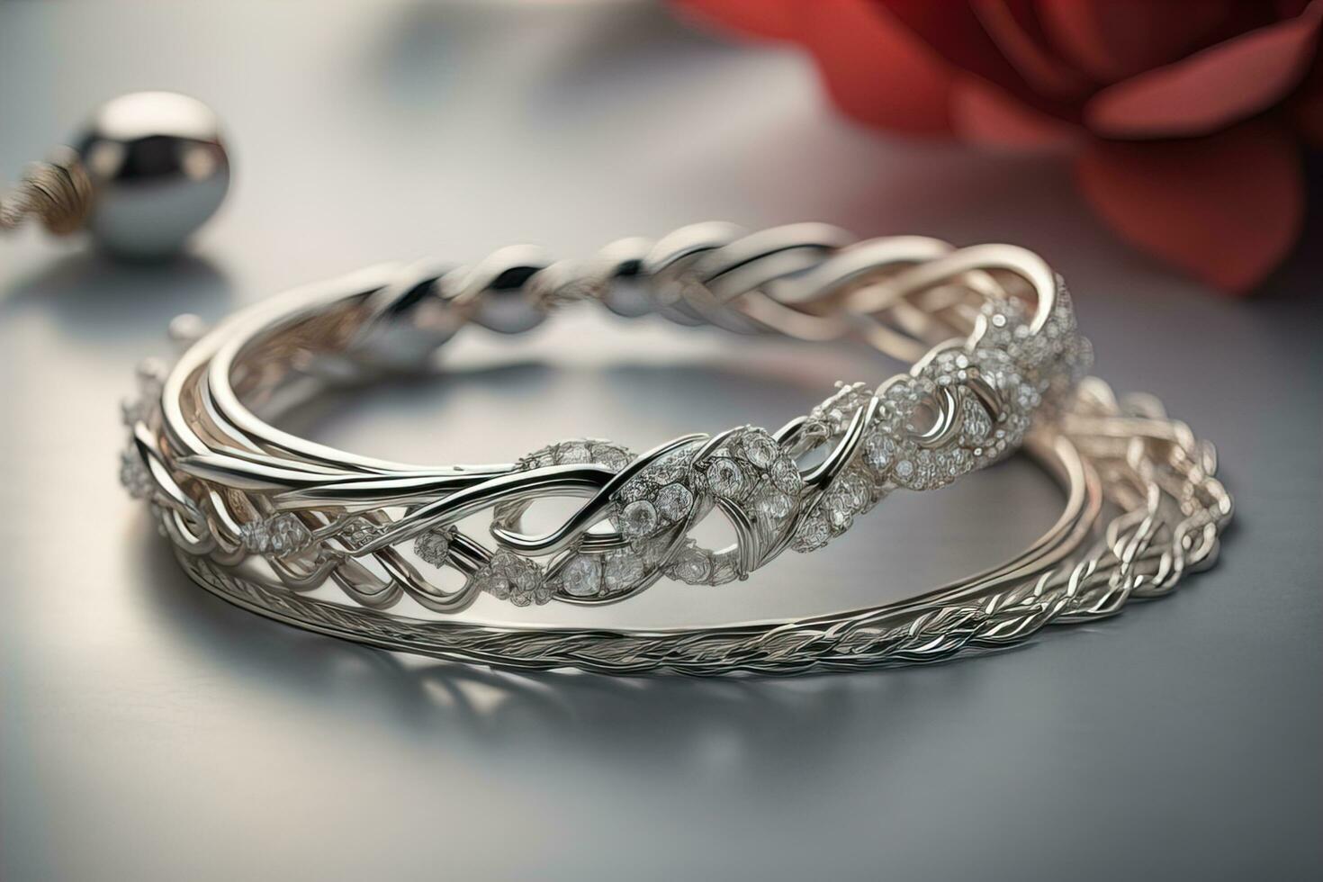 Silver necklace on a solid color background in close-up. ai generative photo