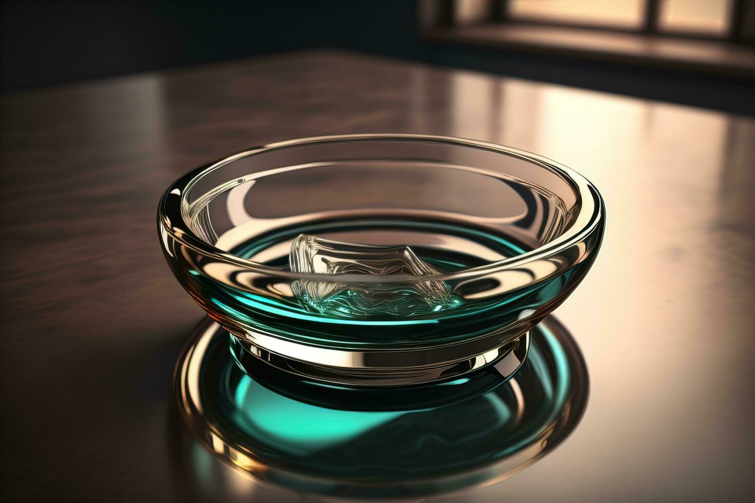 Empty glossy transparent ashtray on a dark background. ai generative photo