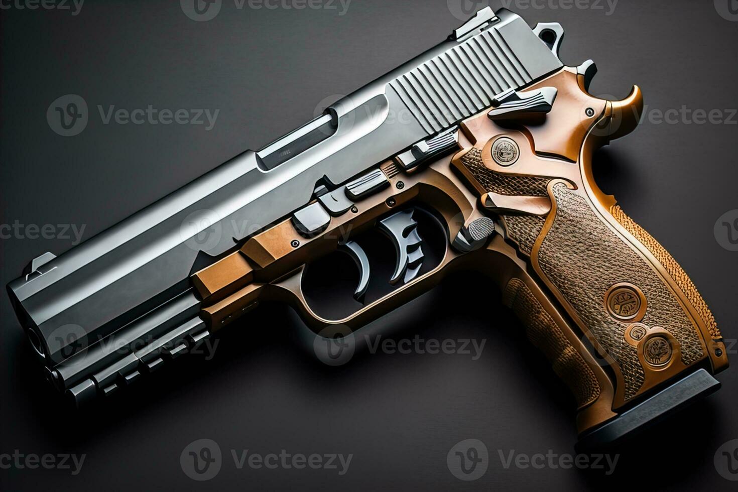 Semi-automatic handgun on a solid color background. Close-up. ai generative photo