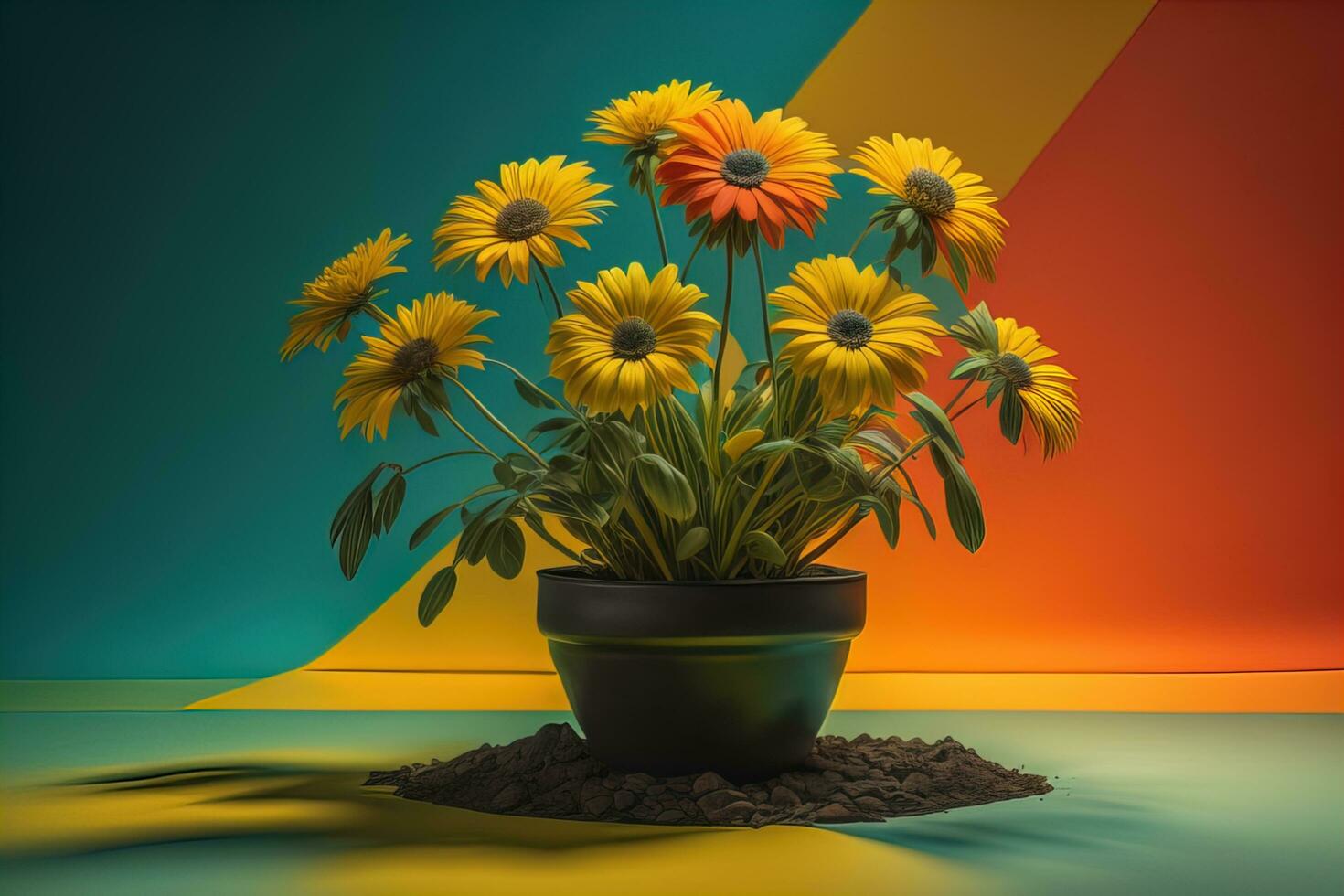 Flowers in a pot on a solid color background. ai generative photo