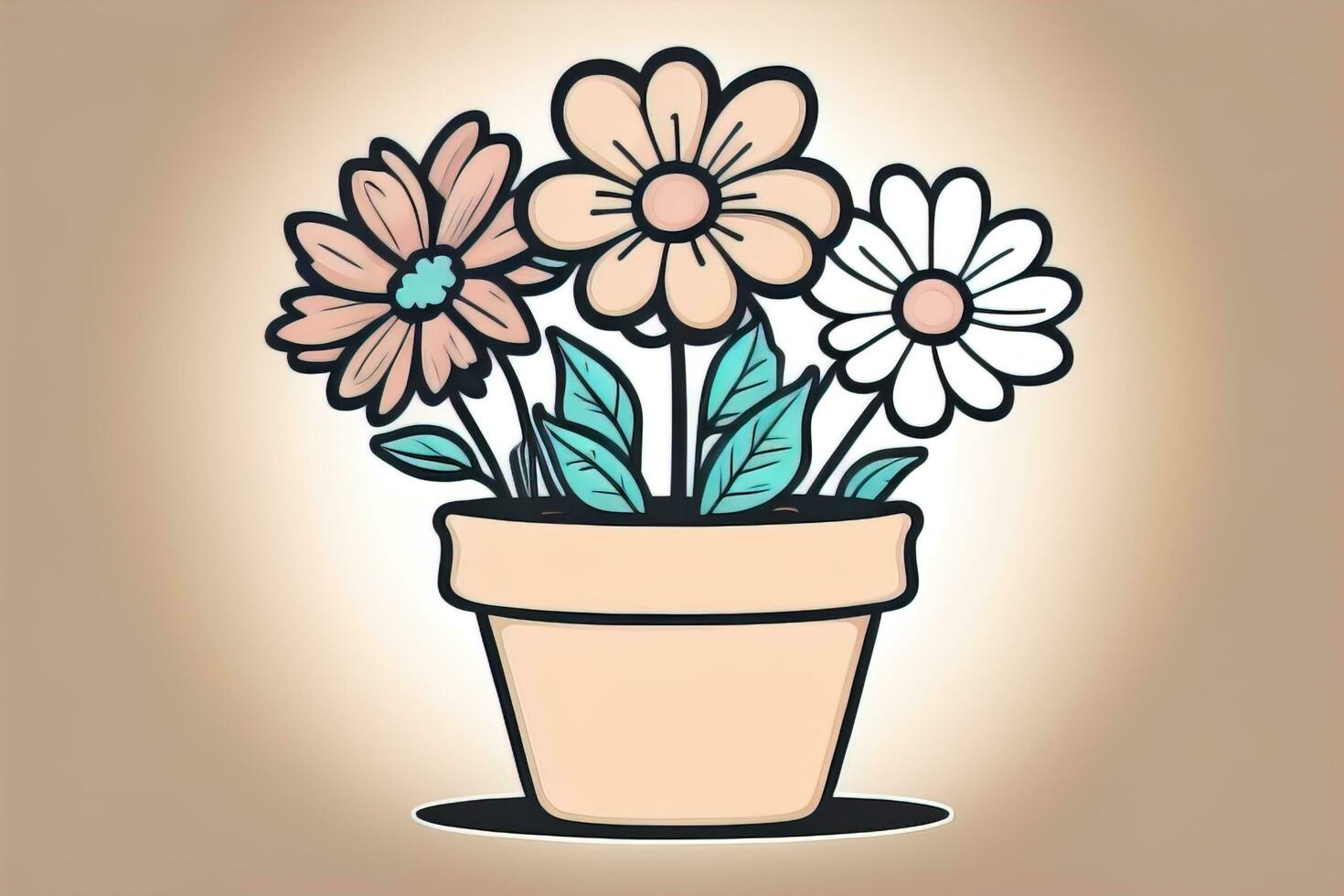Illustration of a flowerpot with pink and blue flowers on a gray background. ai generative photo