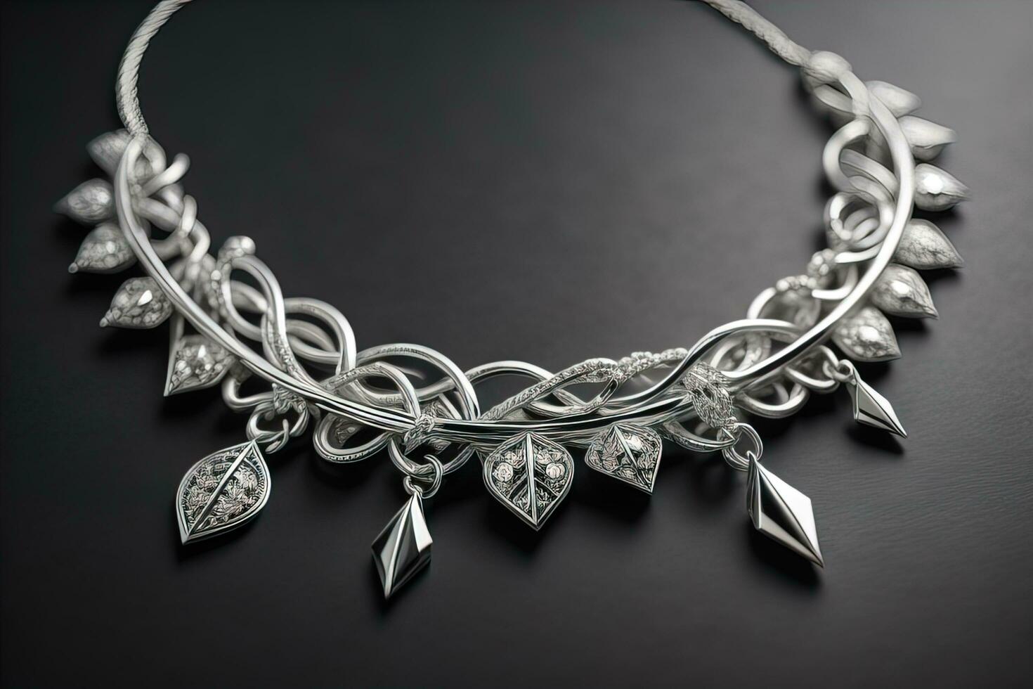 Silver necklace on a solid color background in close-up. ai generative photo