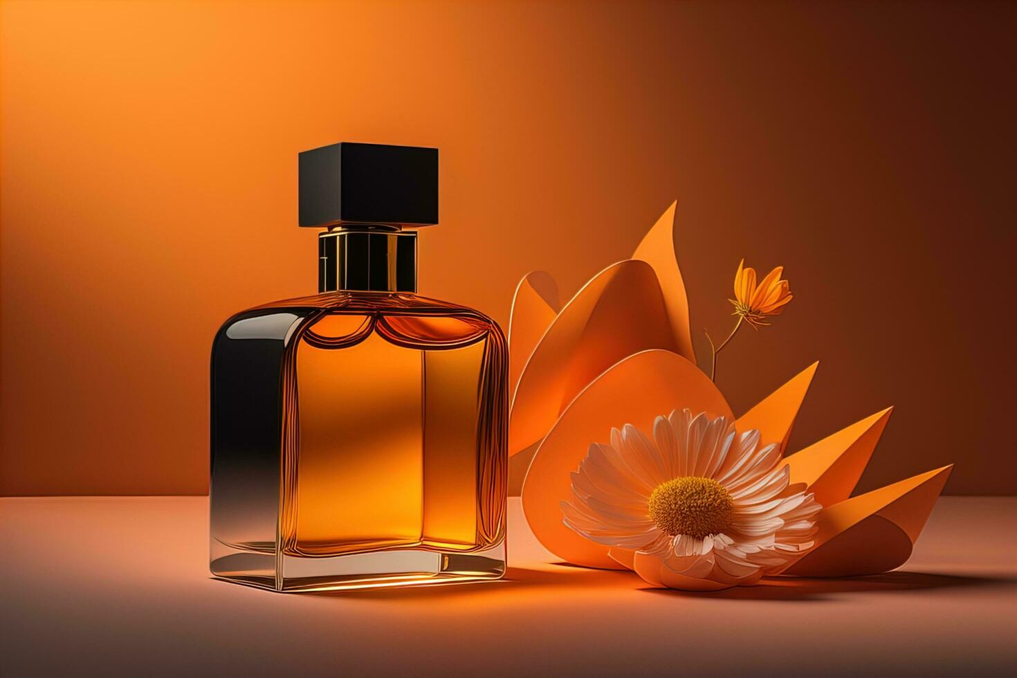 Creative and brandless Perfume bottle and flower on the wooden table, closeup. ai generative photo