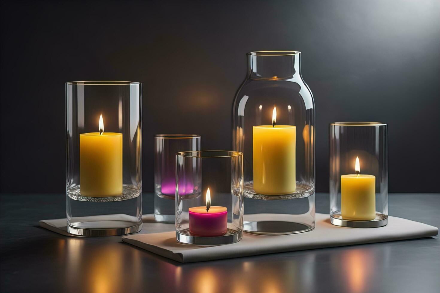 Burning candles in glasses on wooden table, closeup. Space for text. ai generative photo