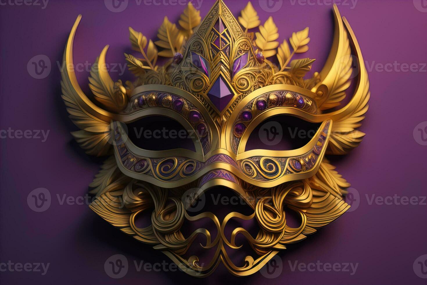 Venetian carnival mask with golden ornament on a solid color background. ai generative photo