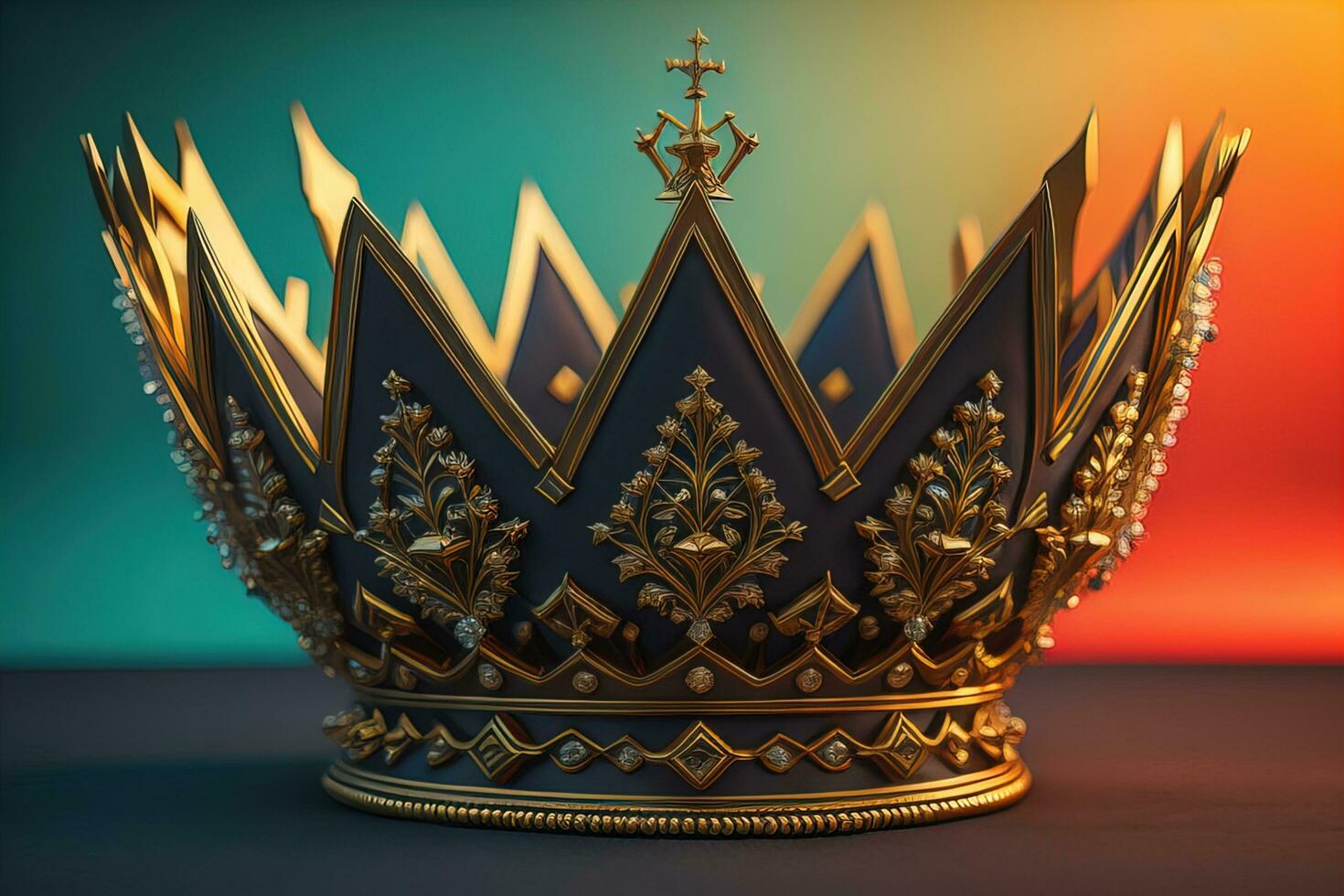 low key image of beautiful golden queen, king crown. ai generative photo
