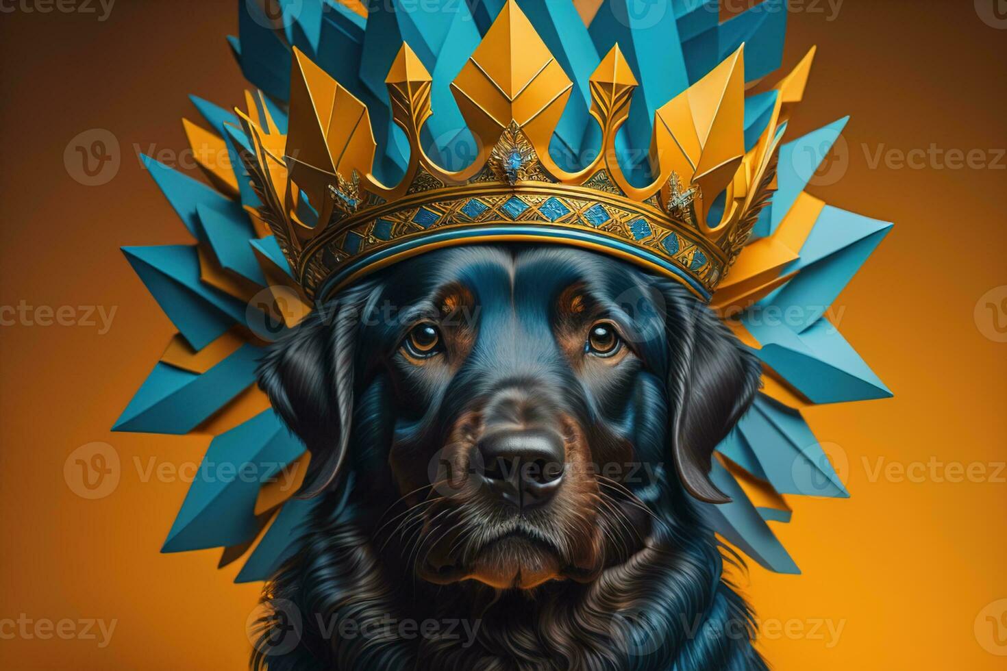 Portrait of a cute dog in a golden crown on a solid color background. ai generative photo