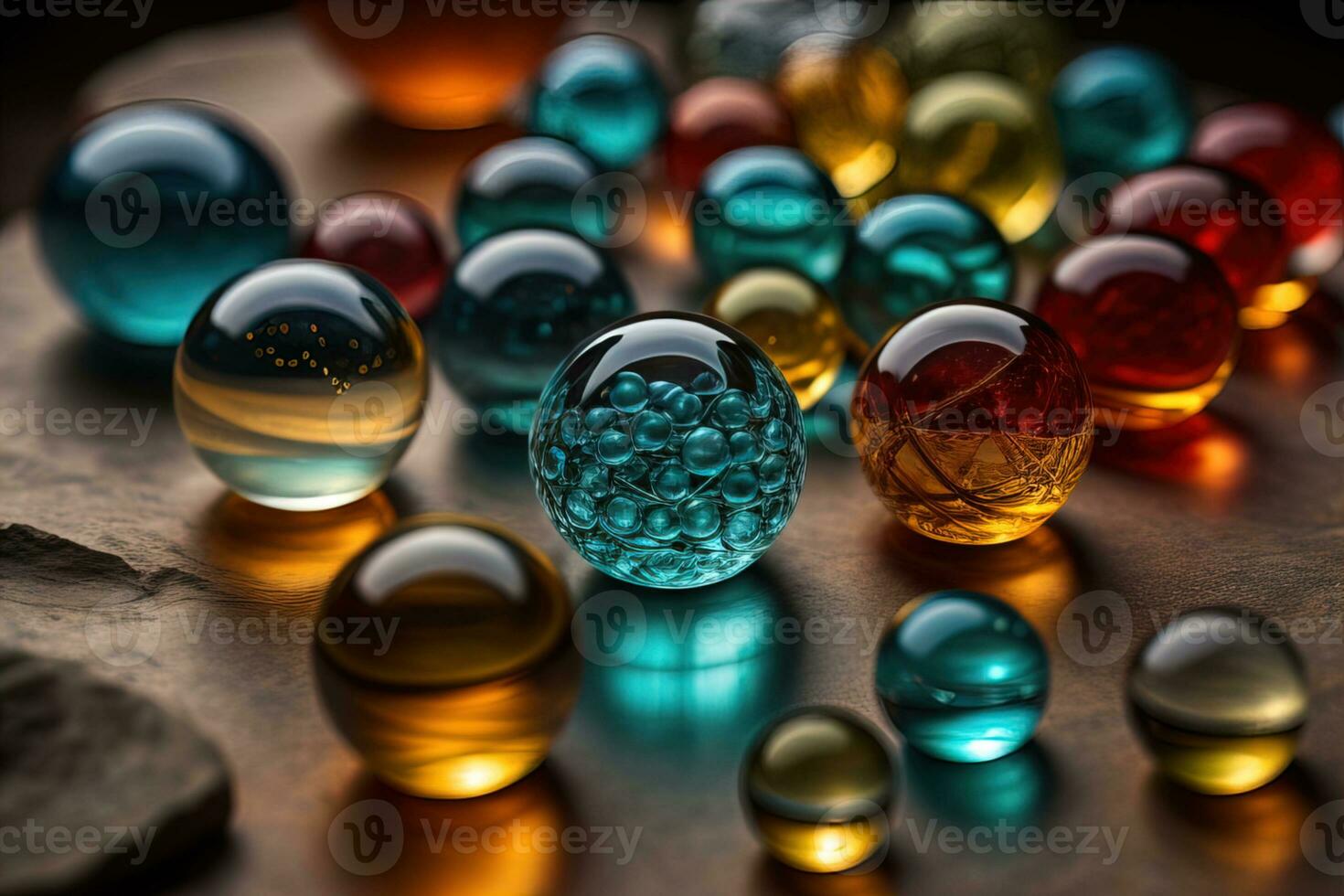 Colorful glass marbles on a the table. Selective focus. ai generative photo