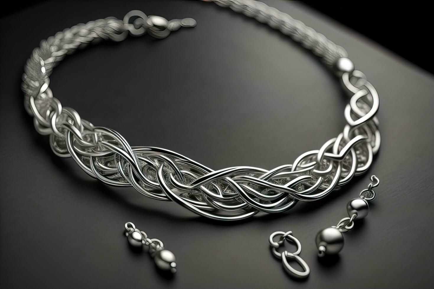 Silver necklace on a solid color background in close-up. ai generative photo
