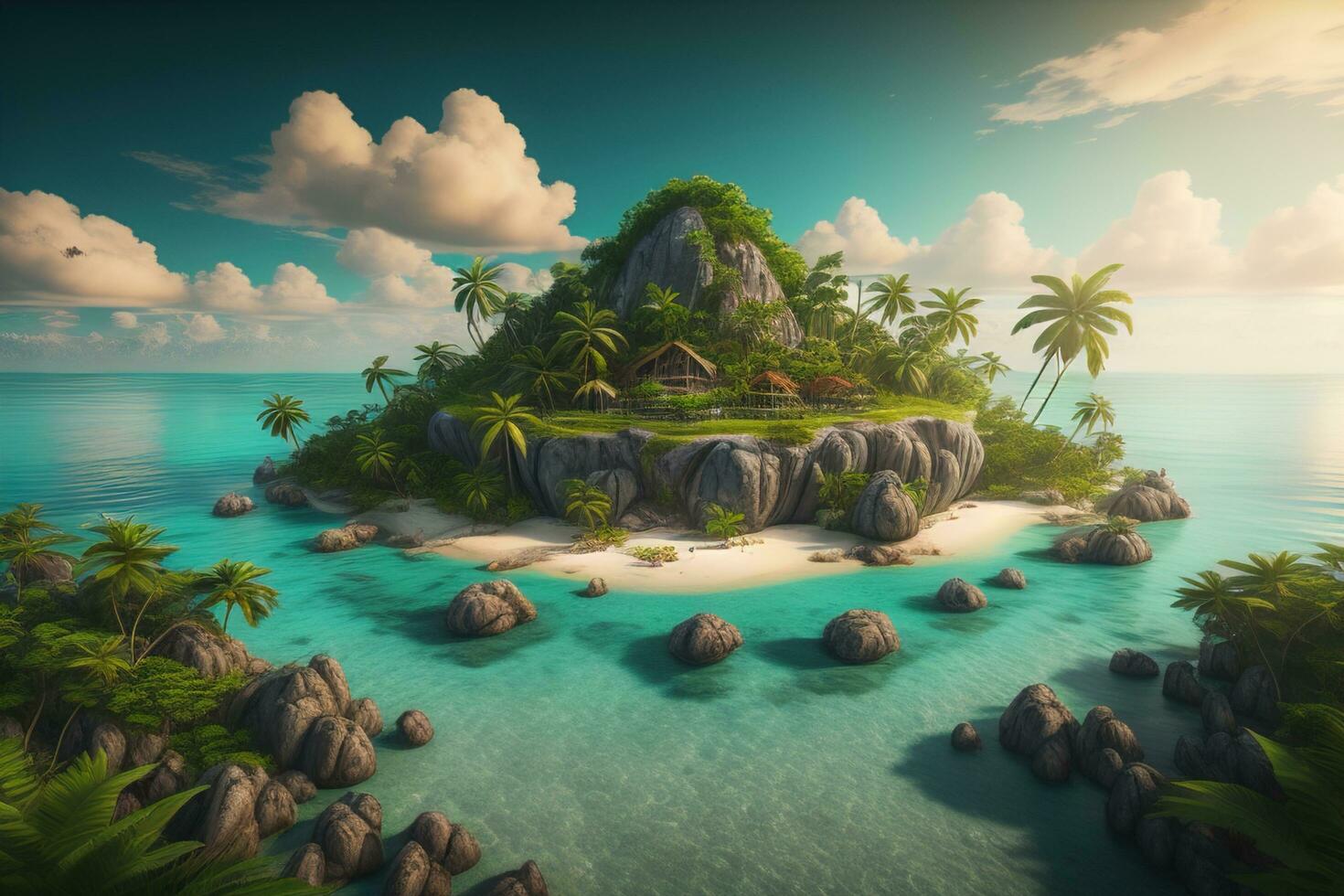 Tropical island with palm trees and sand beach. ai generative photo