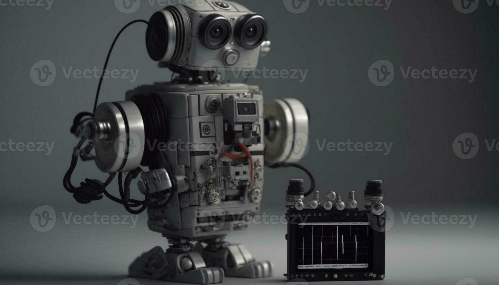 Robot man or very detailed futuristic android isolated on black background, pulse, robot heartbeat. . photo