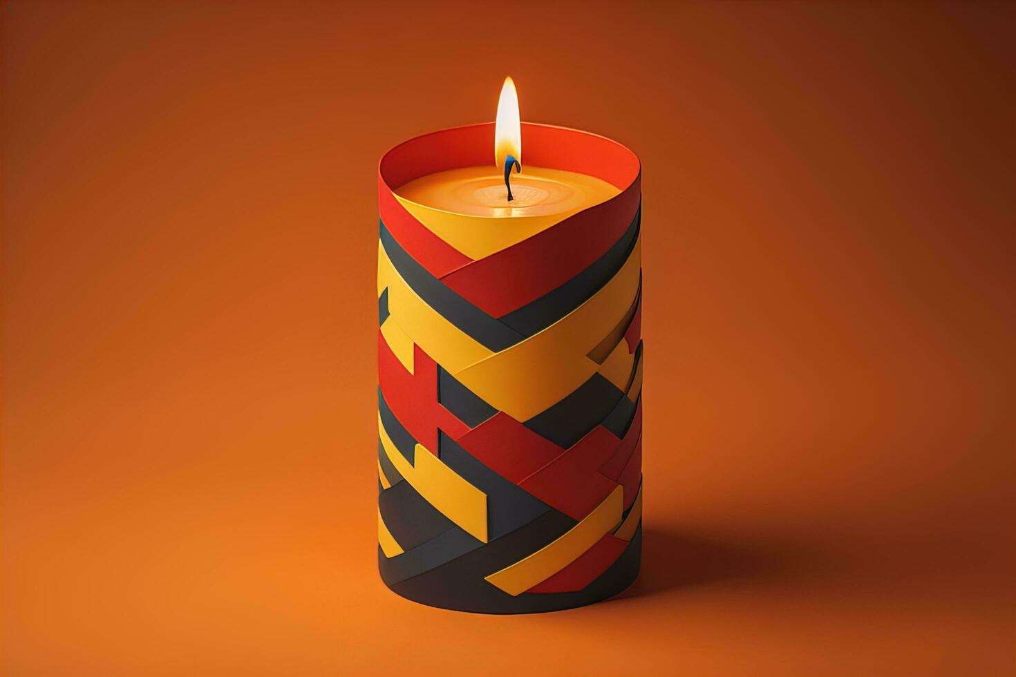 Burning aroma candle on wooden table against solid color background, copyspace. ai generative photo