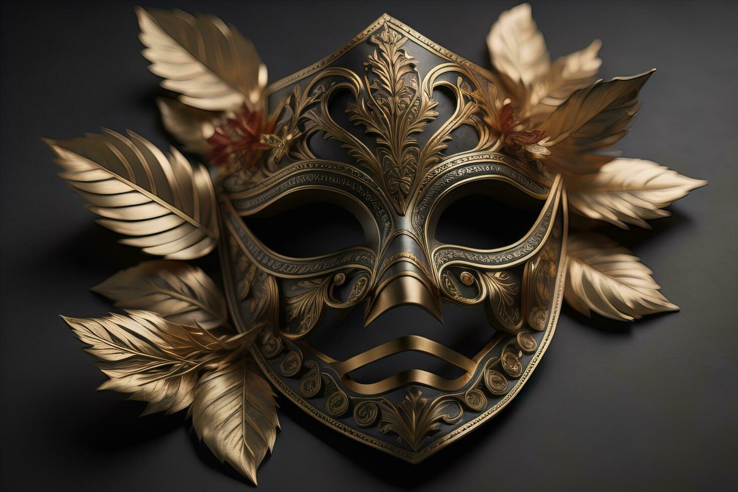 Venetian carnival mask with golden ornament on a solid color background. ai generative photo