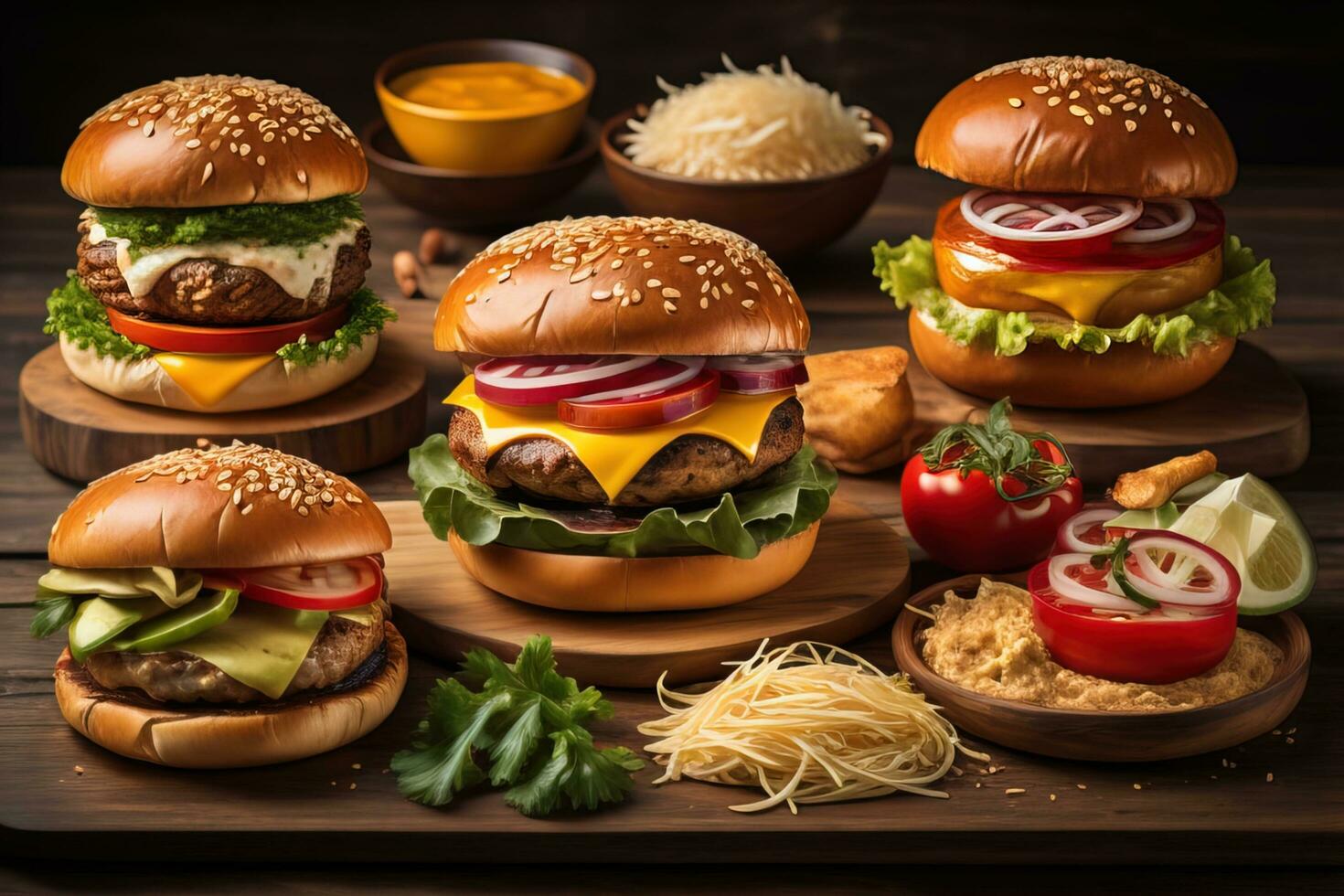 Hamburgers with french fries on wooden table, closeup. ai generative photo