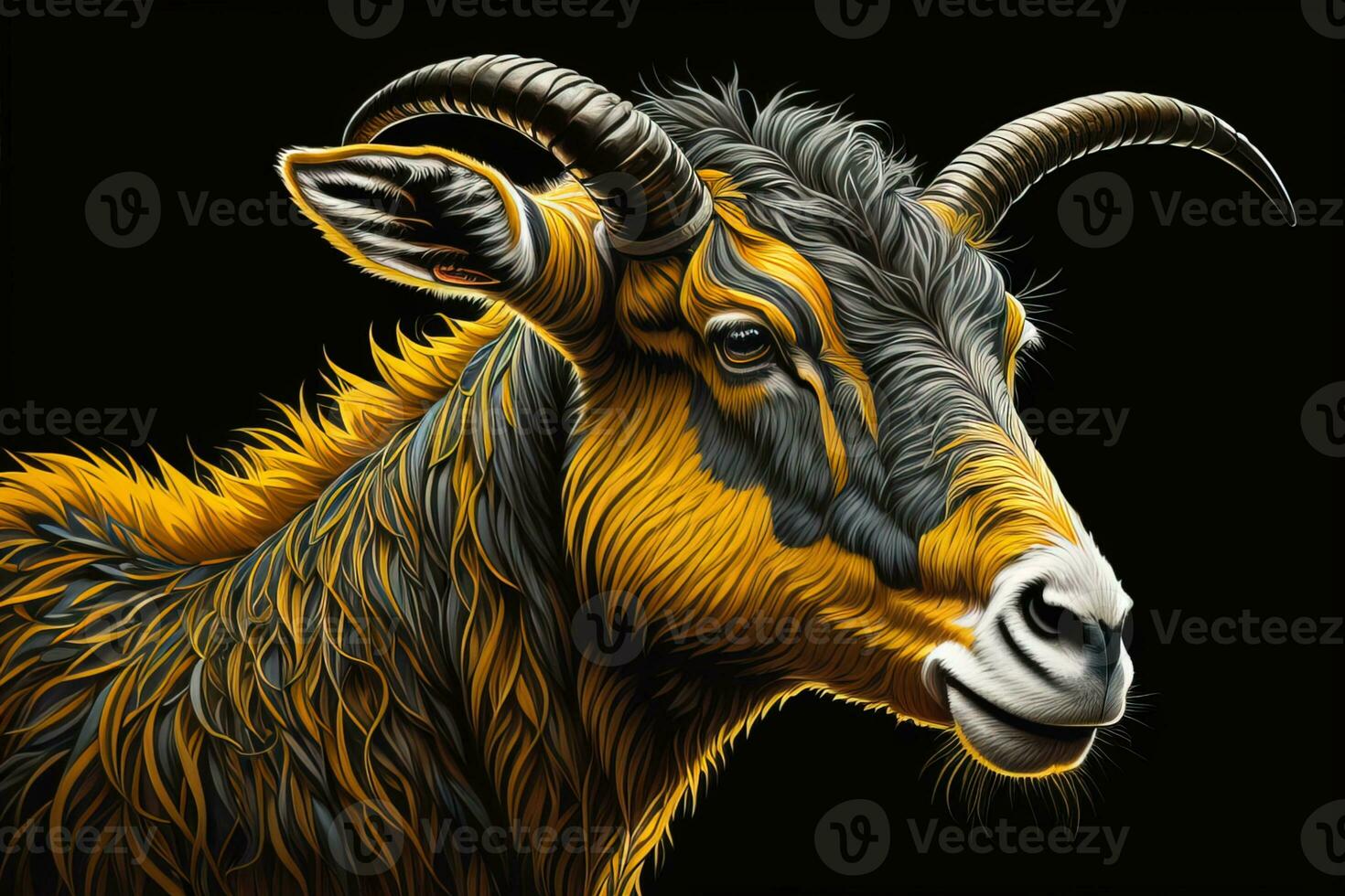 Head of a goat with big horns. ai generative photo