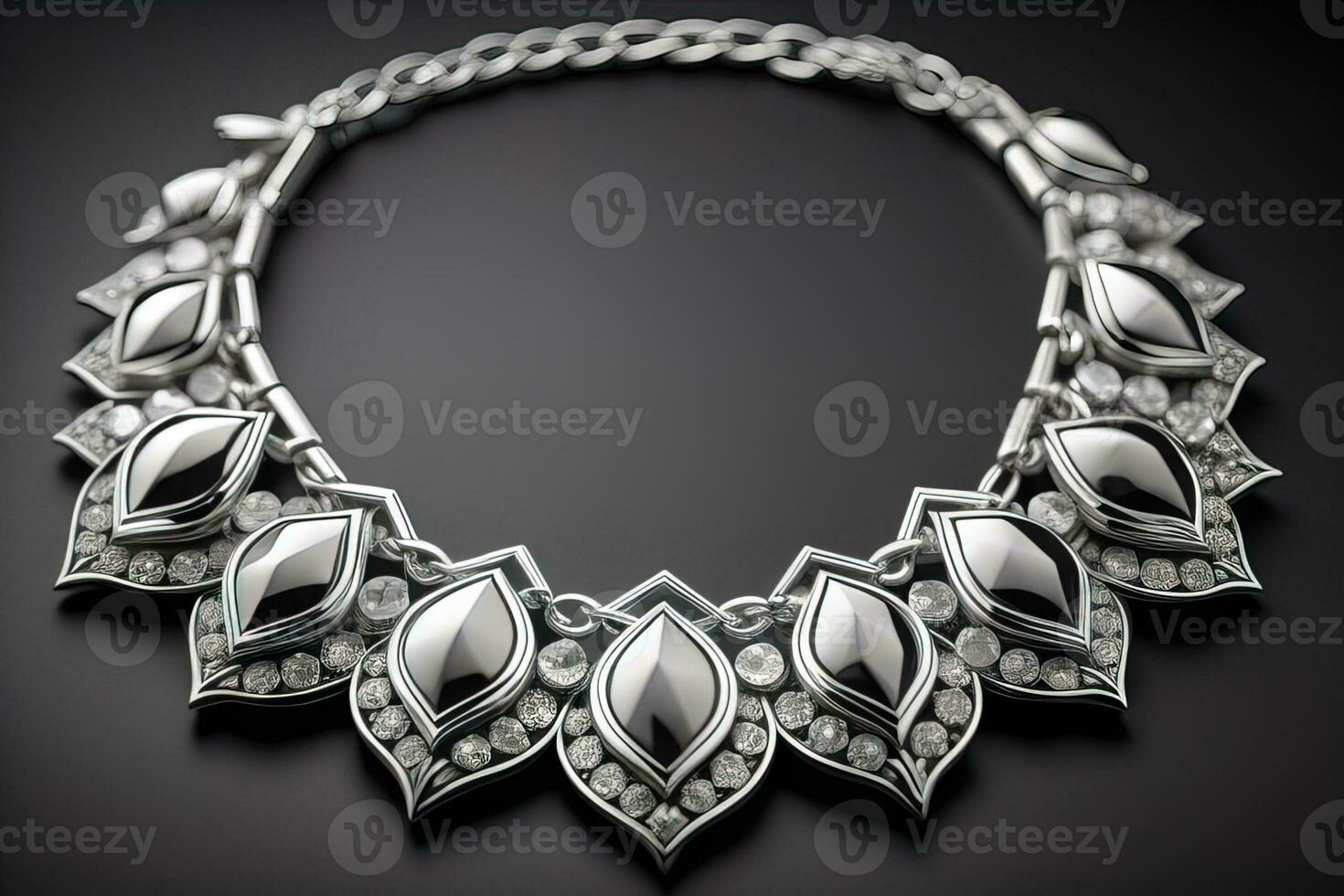 Silver necklace on a solid color background in close-up. ai generative photo