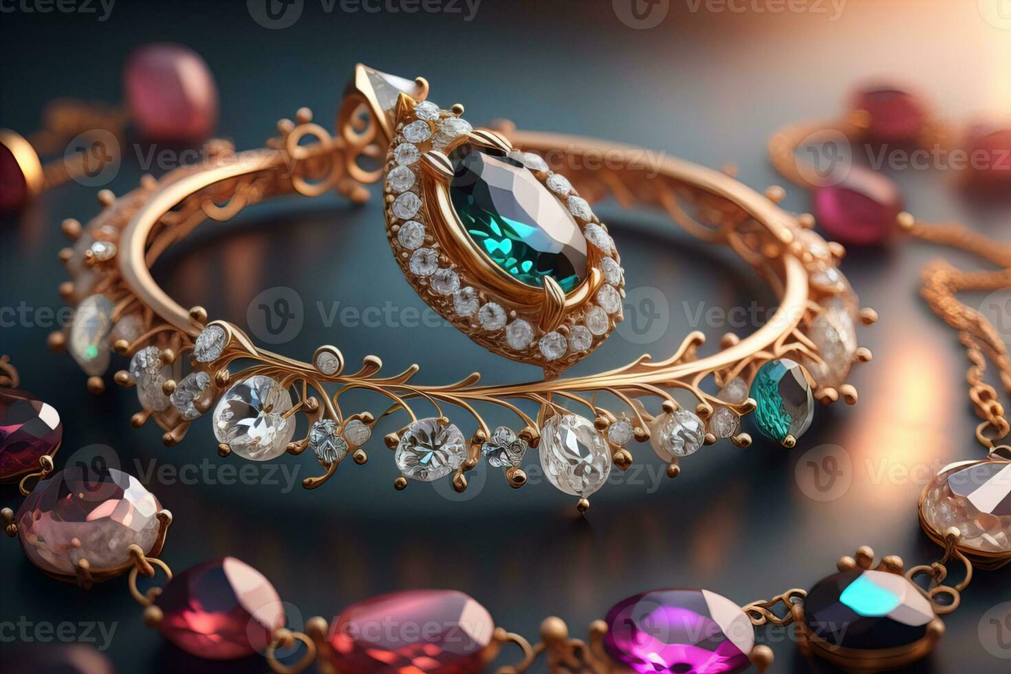 Wedding ring with diamonds on a solid color background. Jewelry. ai generative photo