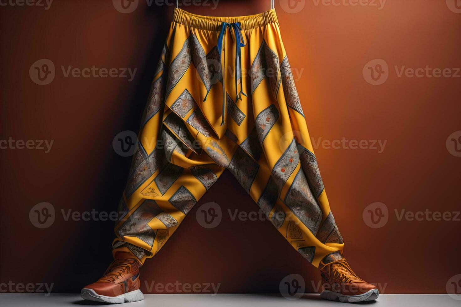 Young woman in traditional thai costume standing on the floor against solid color background. ai generative photo