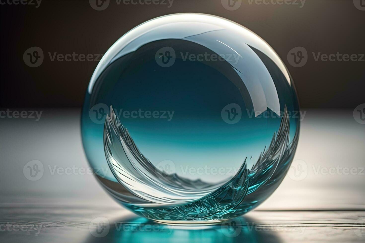 Transparent crystal ball on a wooden table. ai generative photo