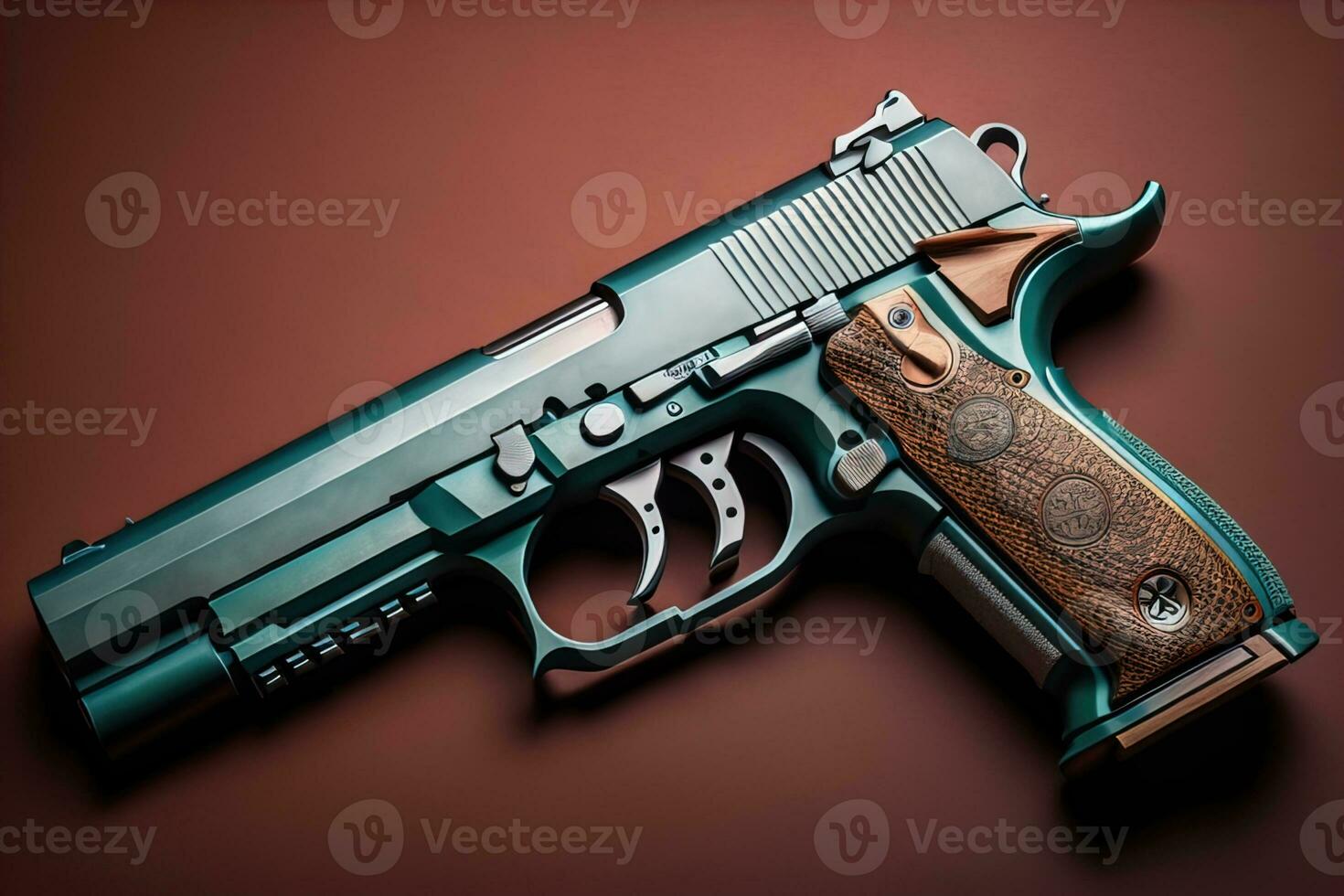 Semi-automatic handgun on a solid color background. Close-up. ai generative photo