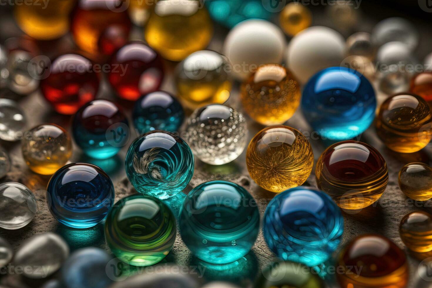 Colorful glass marbles on a the table. Selective focus. ai generative photo