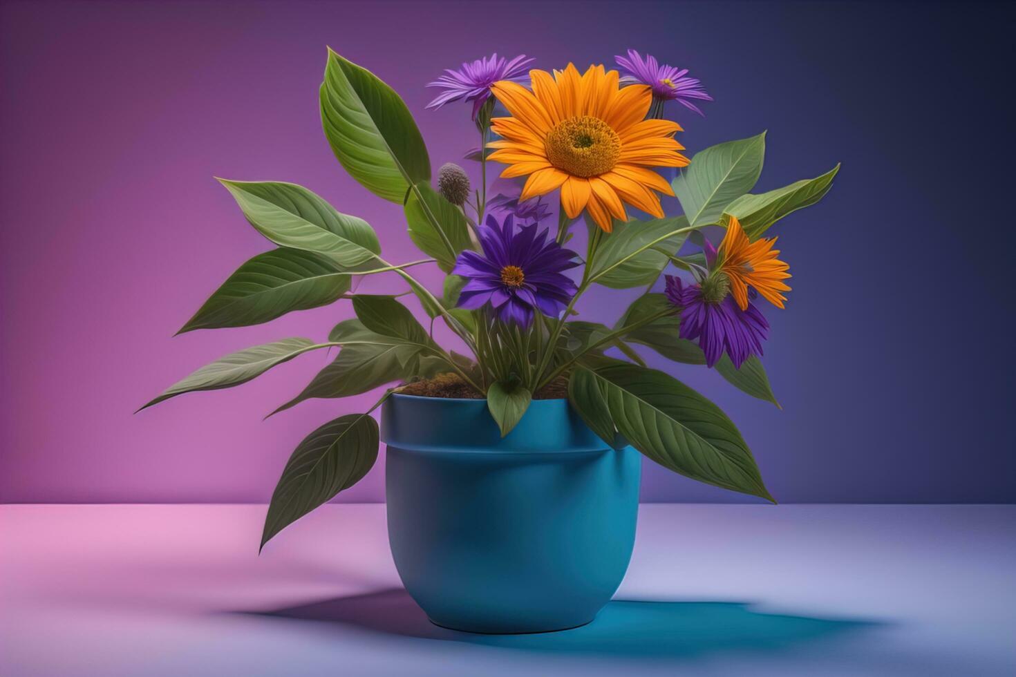 Flowers in a pot on a solid color background. ai generative photo