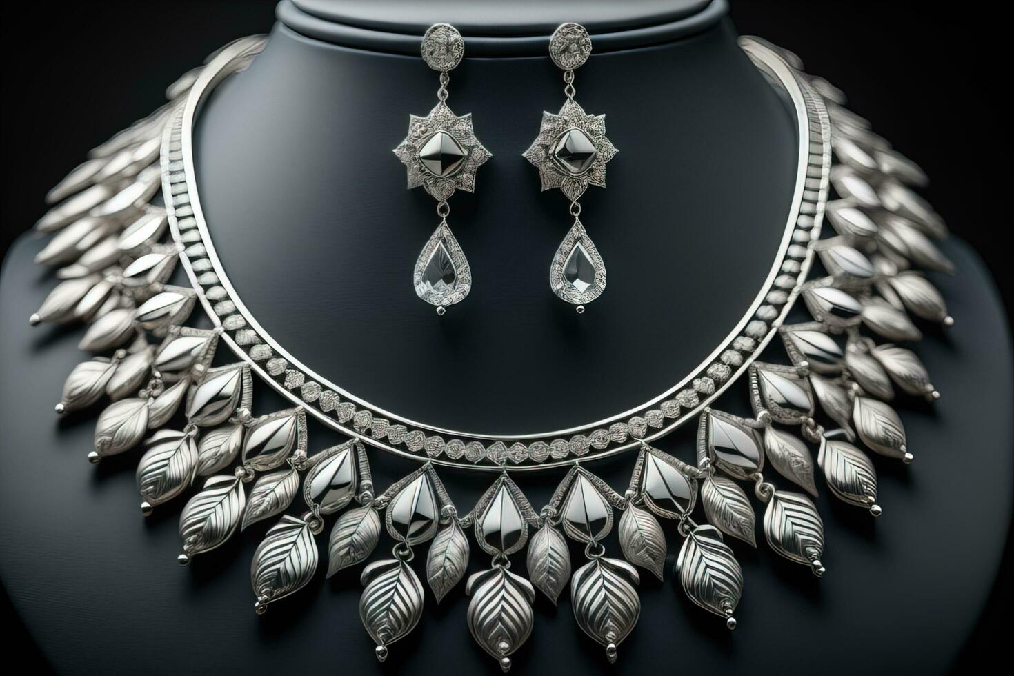 Silver necklace on a solid color background in close-up. ai generative photo