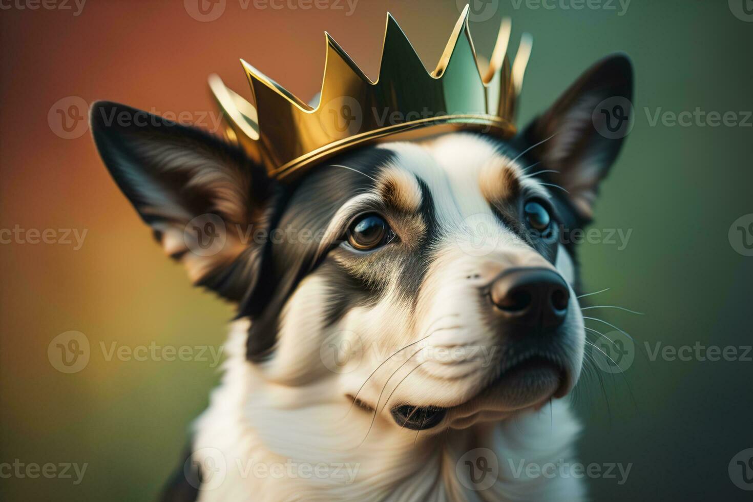Portrait of a cute dog in a golden crown on a solid color background. ai generative photo