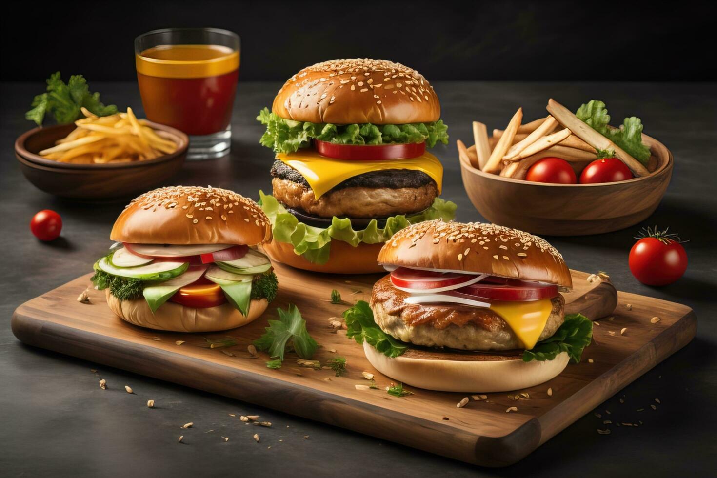 Hamburgers with french fries on wooden table, closeup. ai generative photo