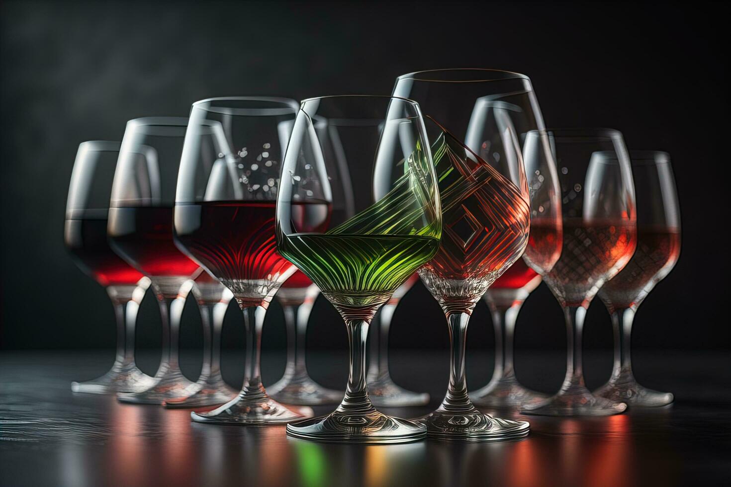 Wine glasses on a wooden table against the background. ai generative photo