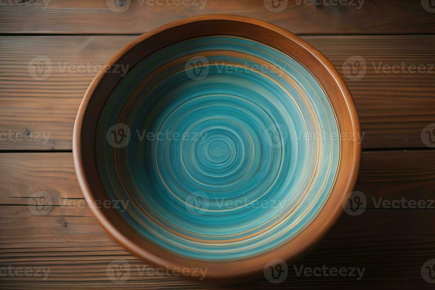 Empty wooden bowl on wooden background. Top view. Copy space. ai generative photo
