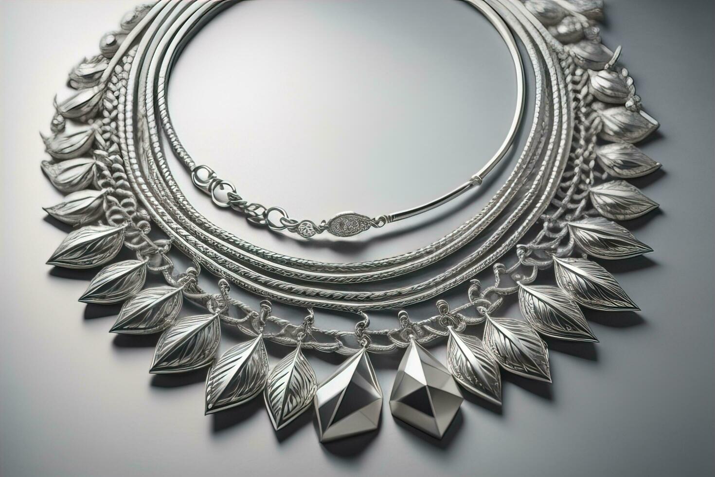Silver necklace on a solid color background in close-up. ai generative photo