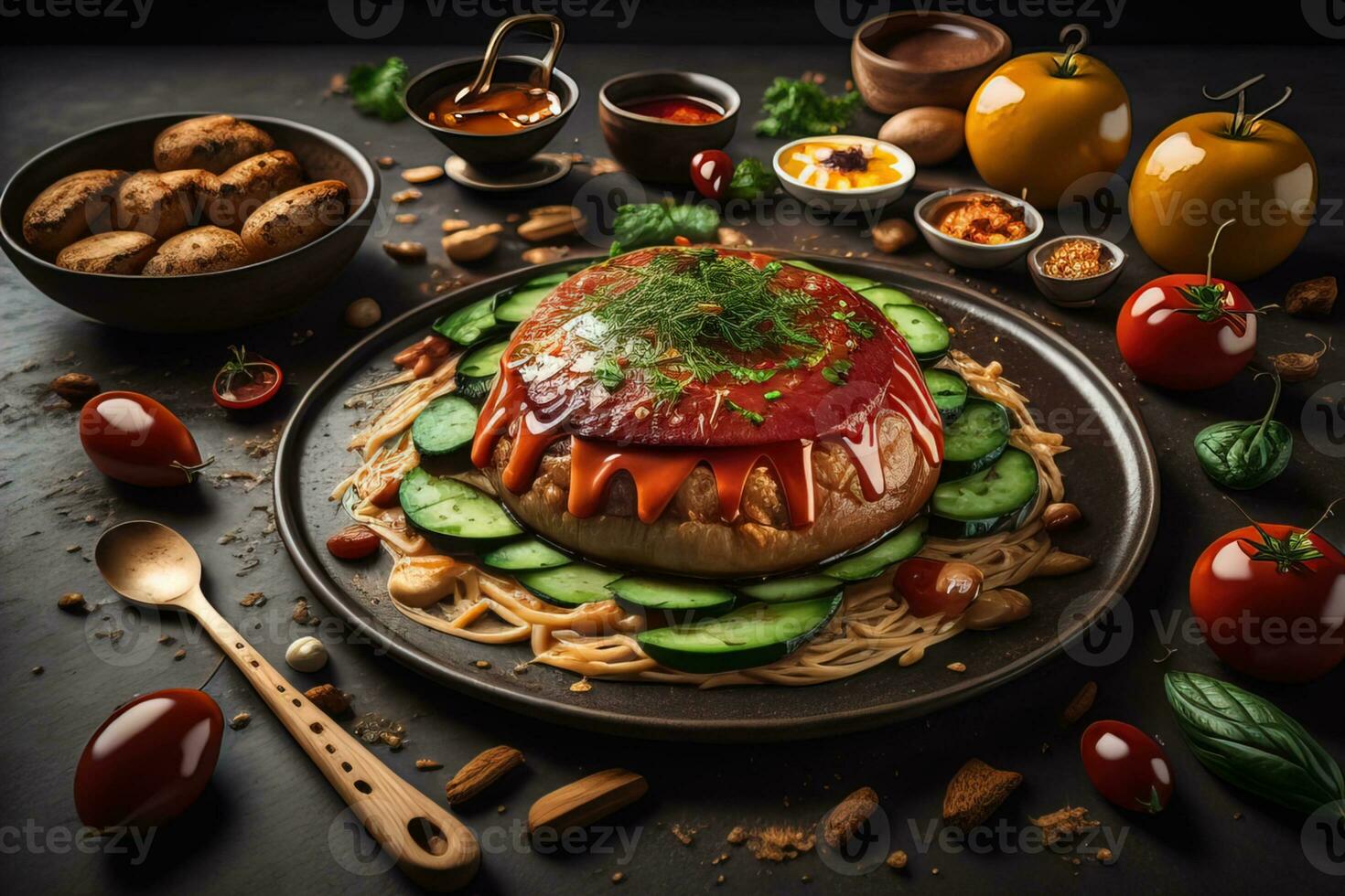 Top view of different indian dishes on dark background. Indian cuisine. ai generative photo