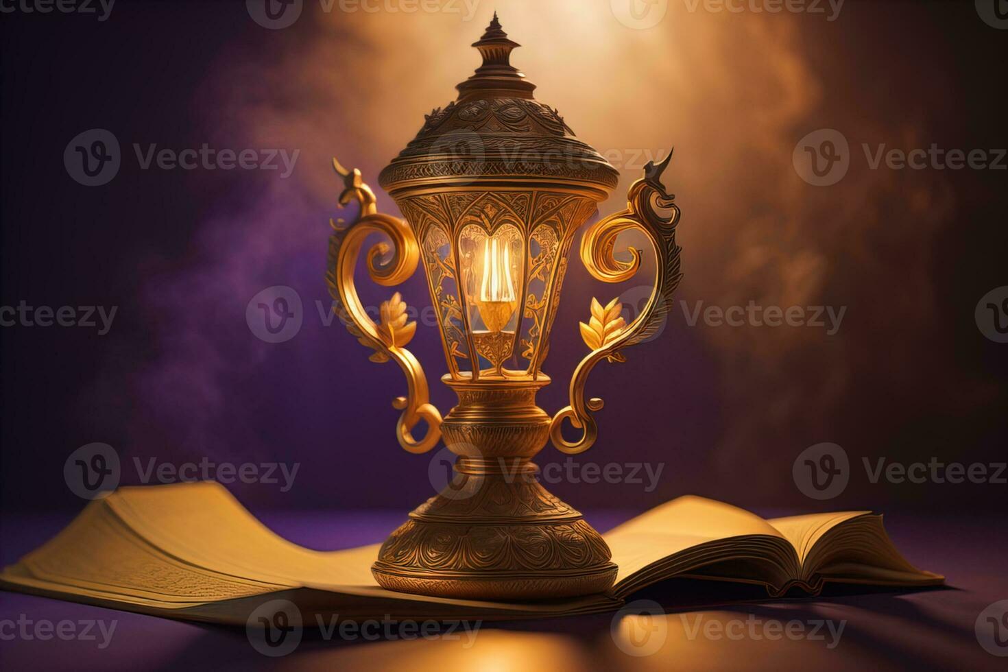 Lantern on a wooden table and a dark background. ai generative photo