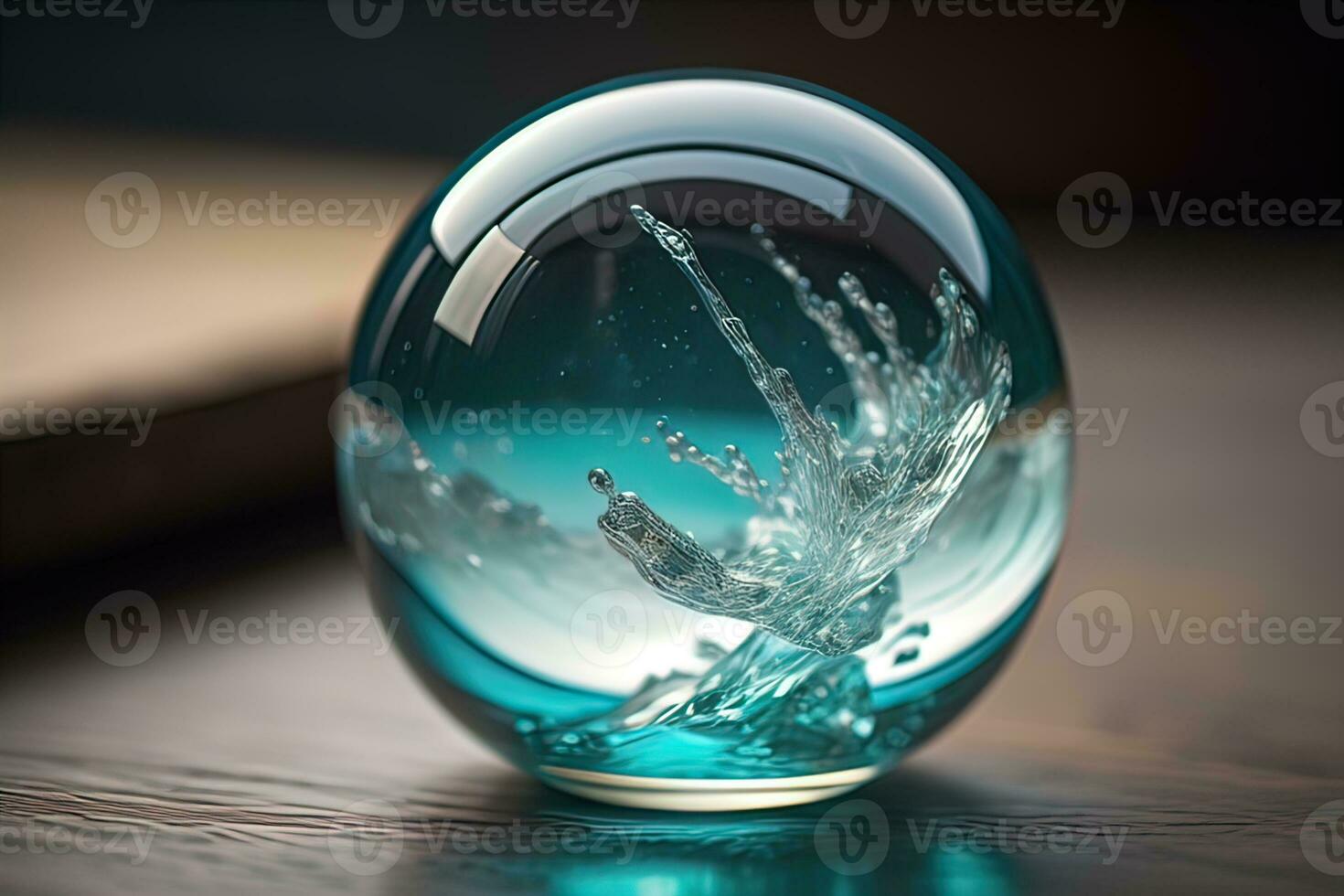 Transparent crystal ball on a wooden table. ai generative photo