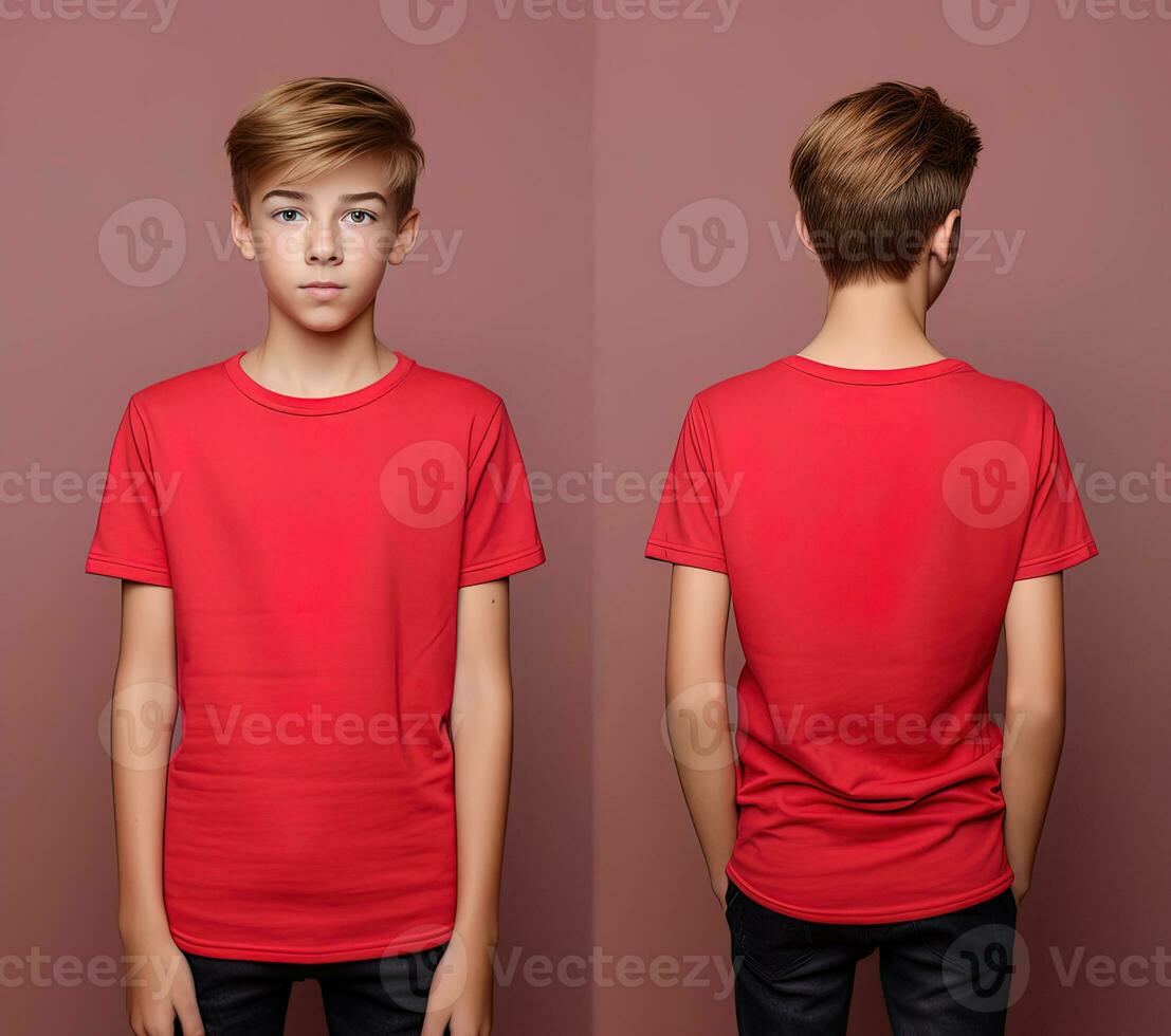 Front and back views of a little boy wearing a red T-shirt. ai generated photo