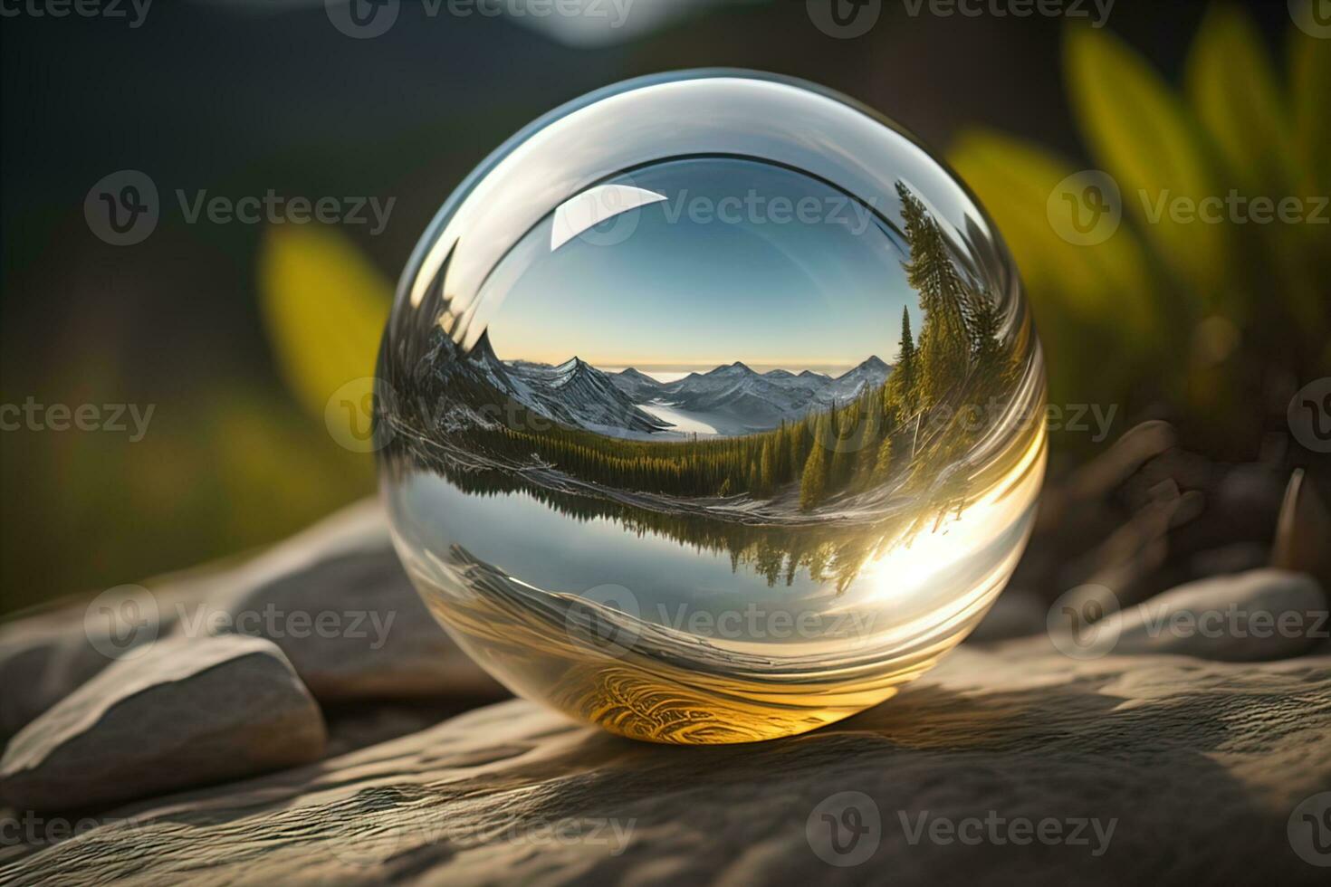 Transparent crystal ball on a wooden table. ai generative photo