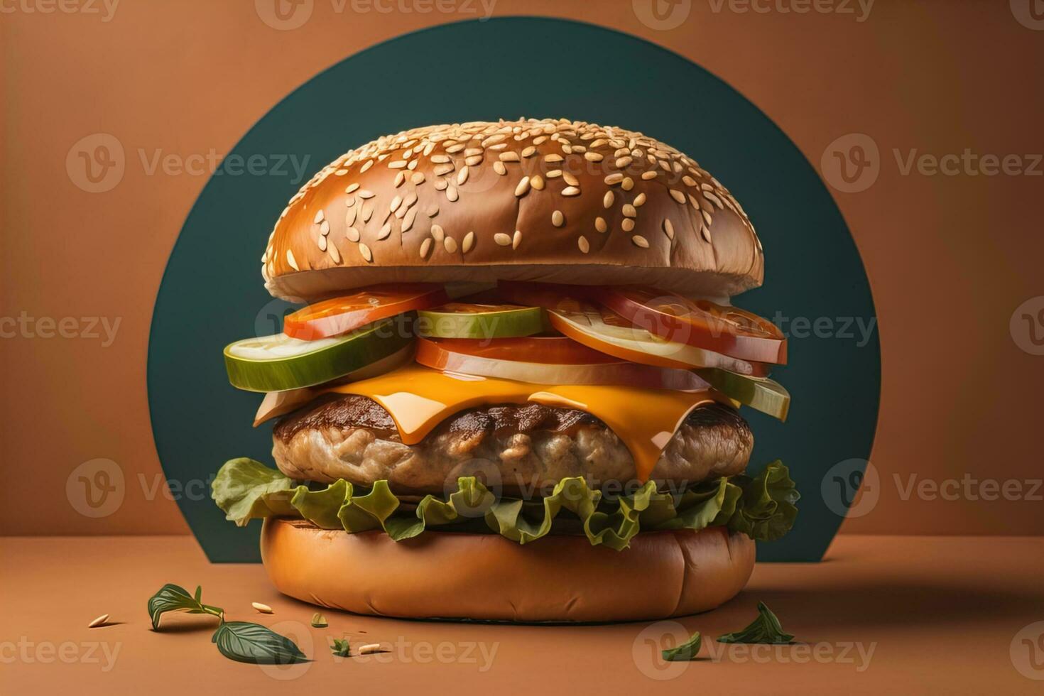 Big tasty hamburger on wooden table. ai generative photo