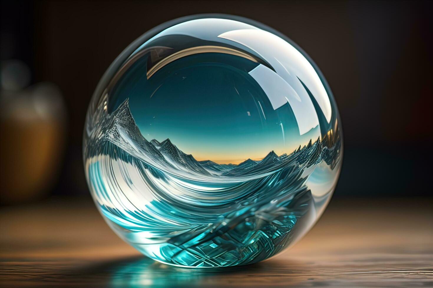 Transparent crystal ball on a wooden table. ai generative photo