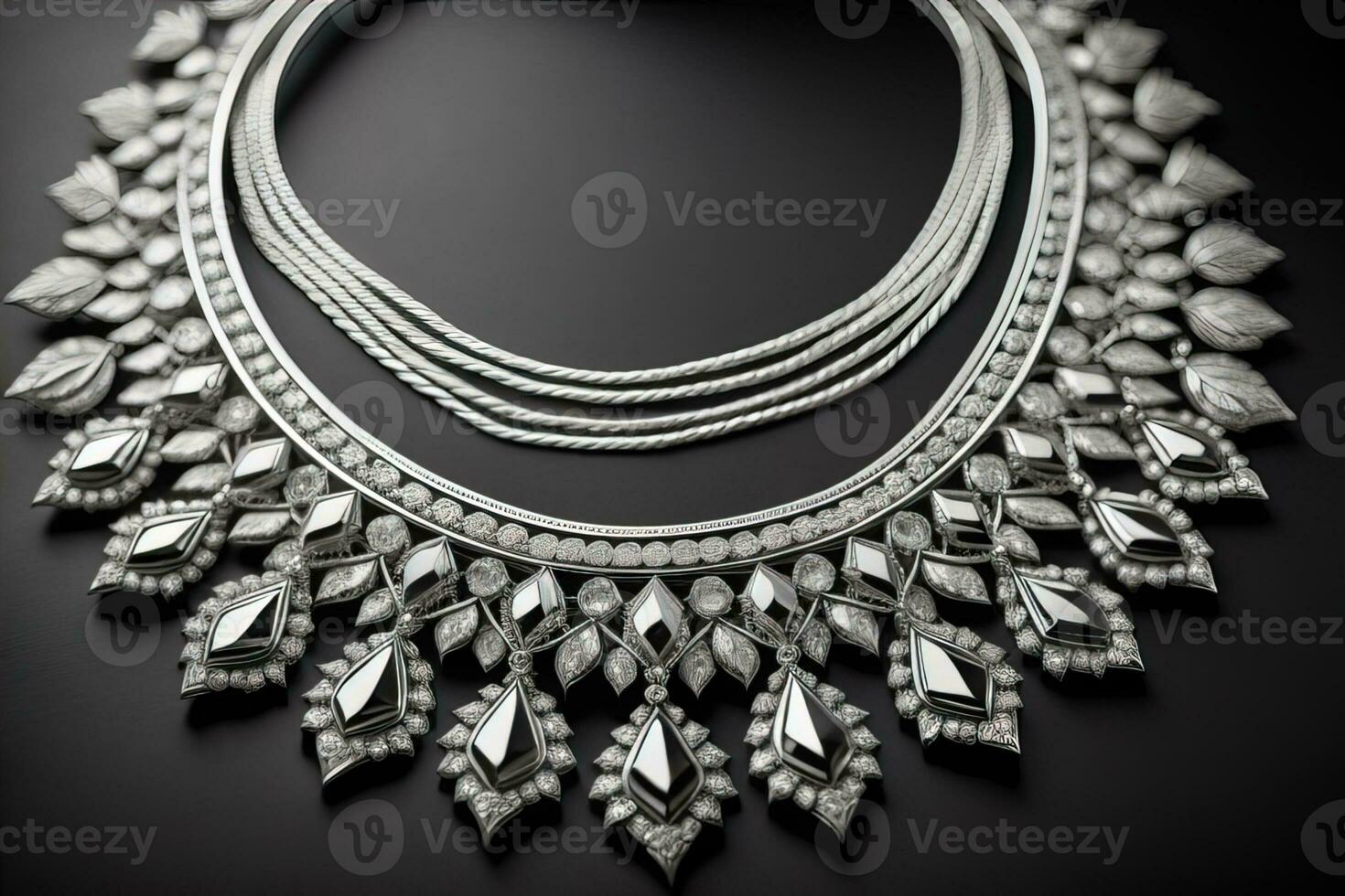 Silver necklace on a solid color background in close-up. ai generative photo