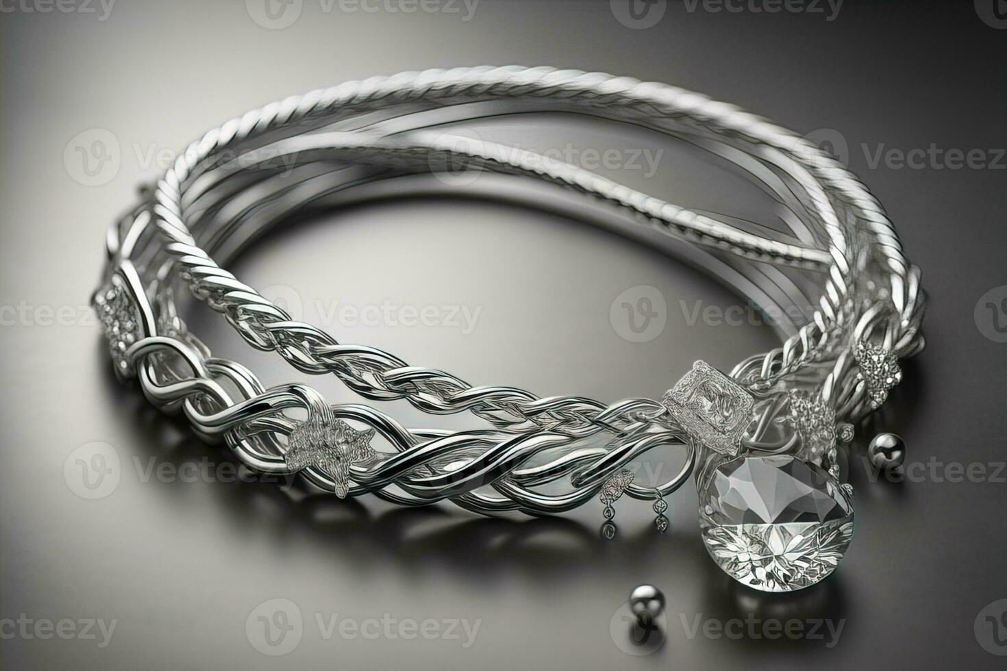 Silver necklace on a solid color background in close-up. ai generative photo