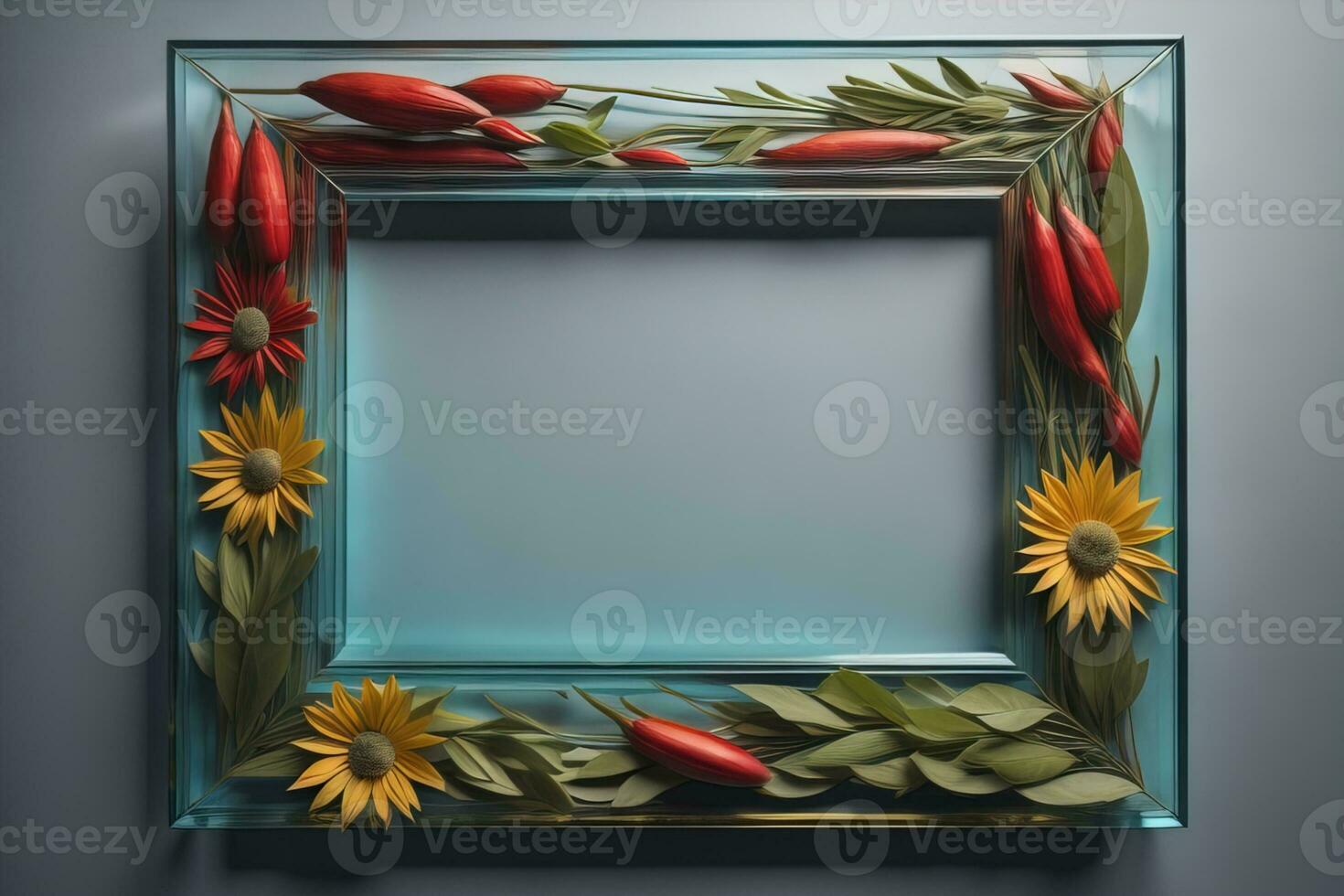 Glass picture frame on a solid color background. ai generative photo