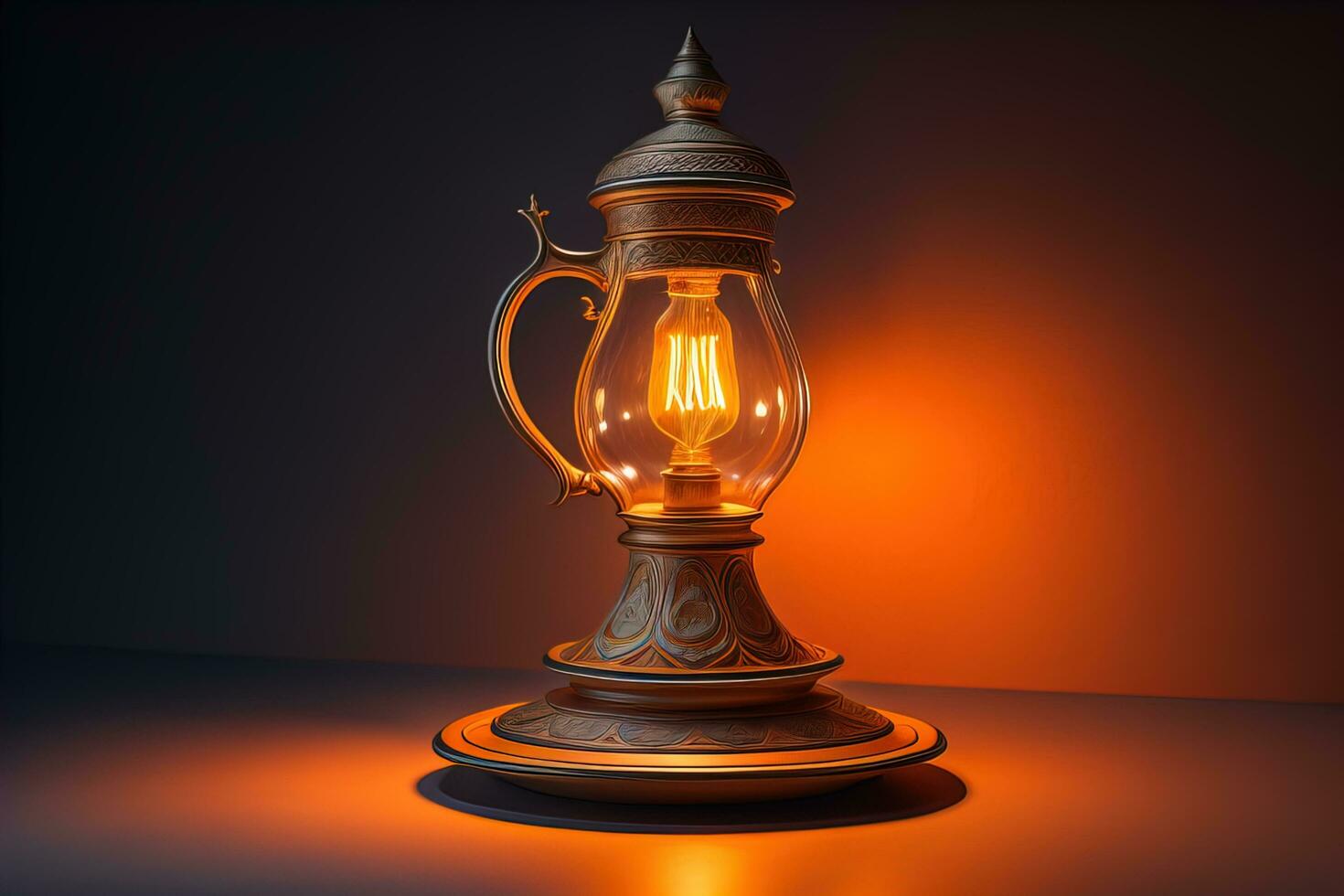 Lantern on a wooden table and a dark background. ai generative photo
